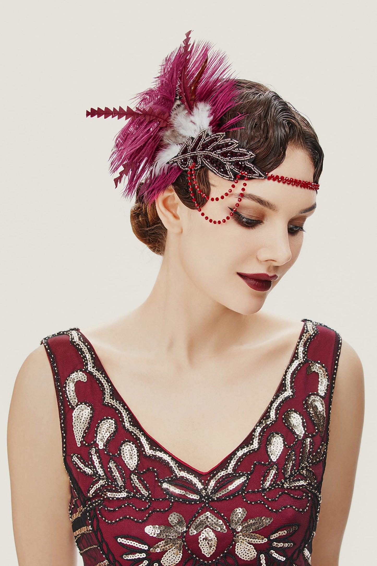 BABEYOND 1920s Headpiece Flapper Headband - Roaring 20's Sequined Showgirl Hair Band with Feather (Wine Red)