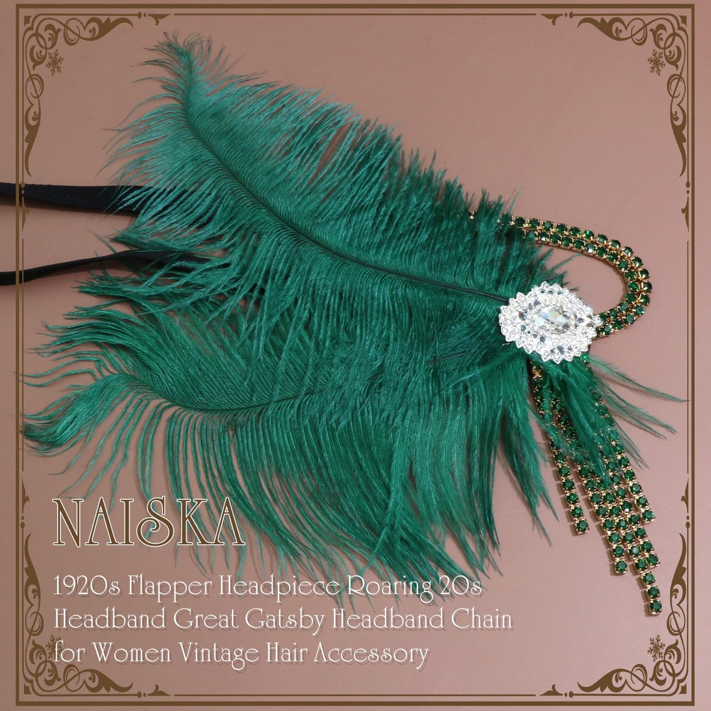 NAISKA 1920s Flapper Feather Headbands Great Gatsby Green Rhinestone Tassel Headpiece Vintage Roaring 20s Hair Band Accessories for Women and Girls