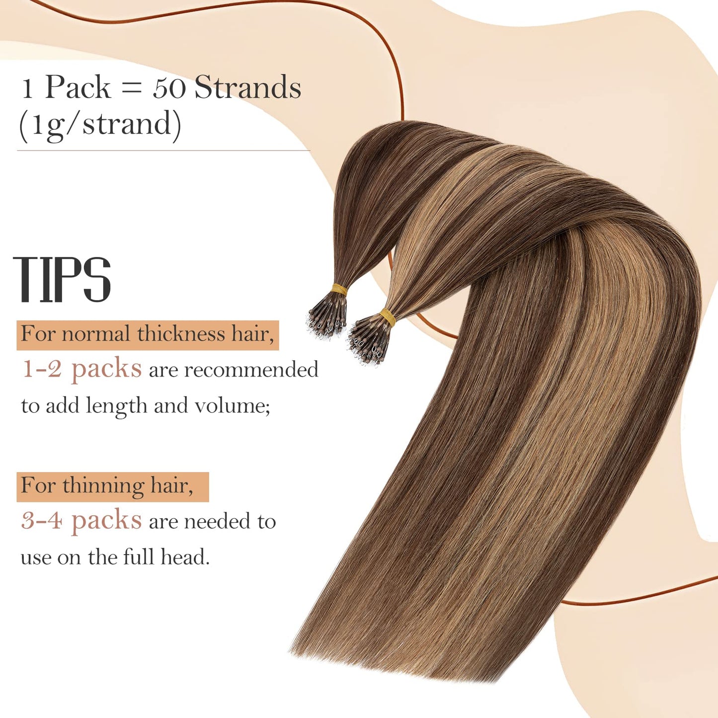 Nano Bead Hair Extensions Human Hair 20 Inch Nano Ring Hair Extension 100% Real Human Hair, Natural Can be Washed Curled Dyed Permed, 50 Strands 50g #4P27 Medium Brown & Dark Blonde