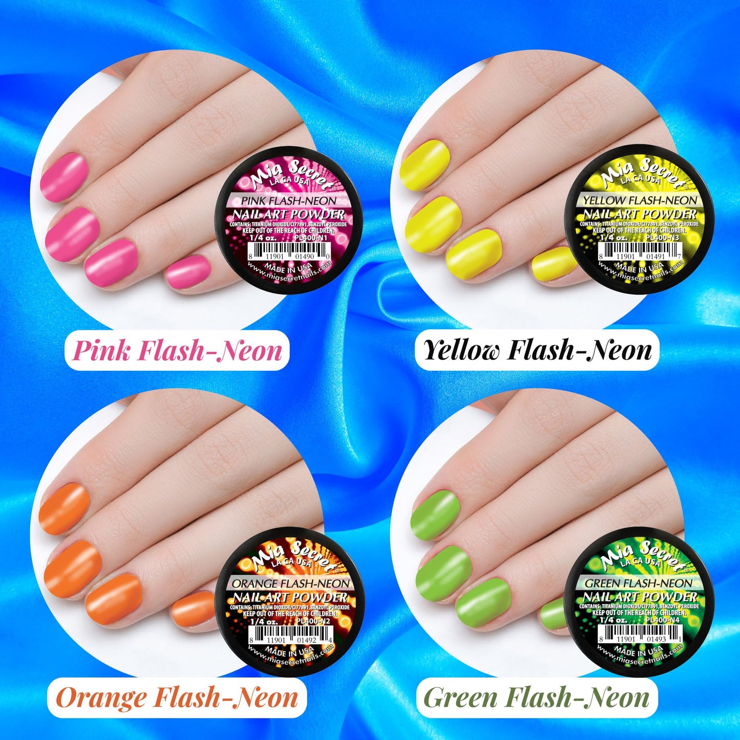 6 Mia Secret Flash Neon Acrylic Nail Art Powder Glows Under the Black Light 6 Neon Colors