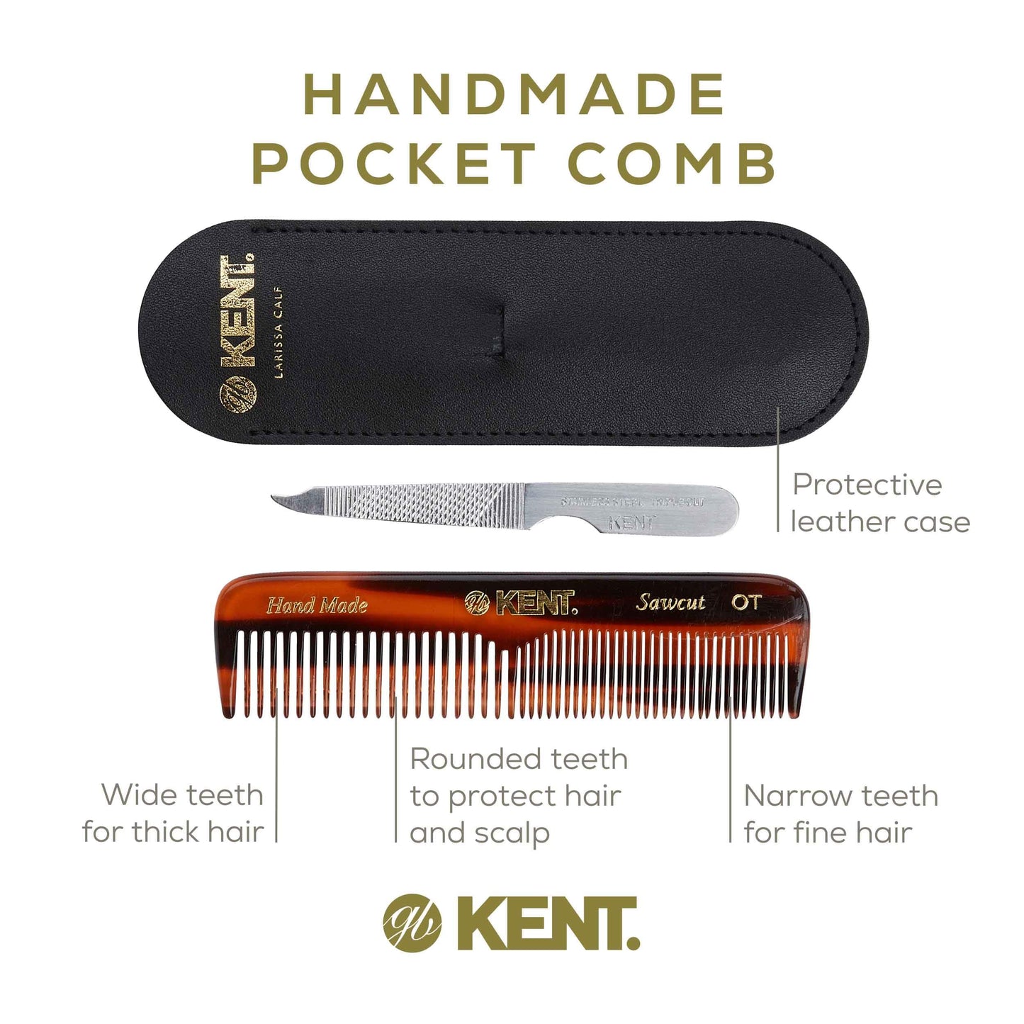 Kent Gift Set NU19 with OT Fine Tooth/Wide Tooth Pocket Comb for Hair, Mustache and Beard for Men, Women and Kids. Travel Set with Leather Pouch and Stainless Steel Nail File. Handmade in England