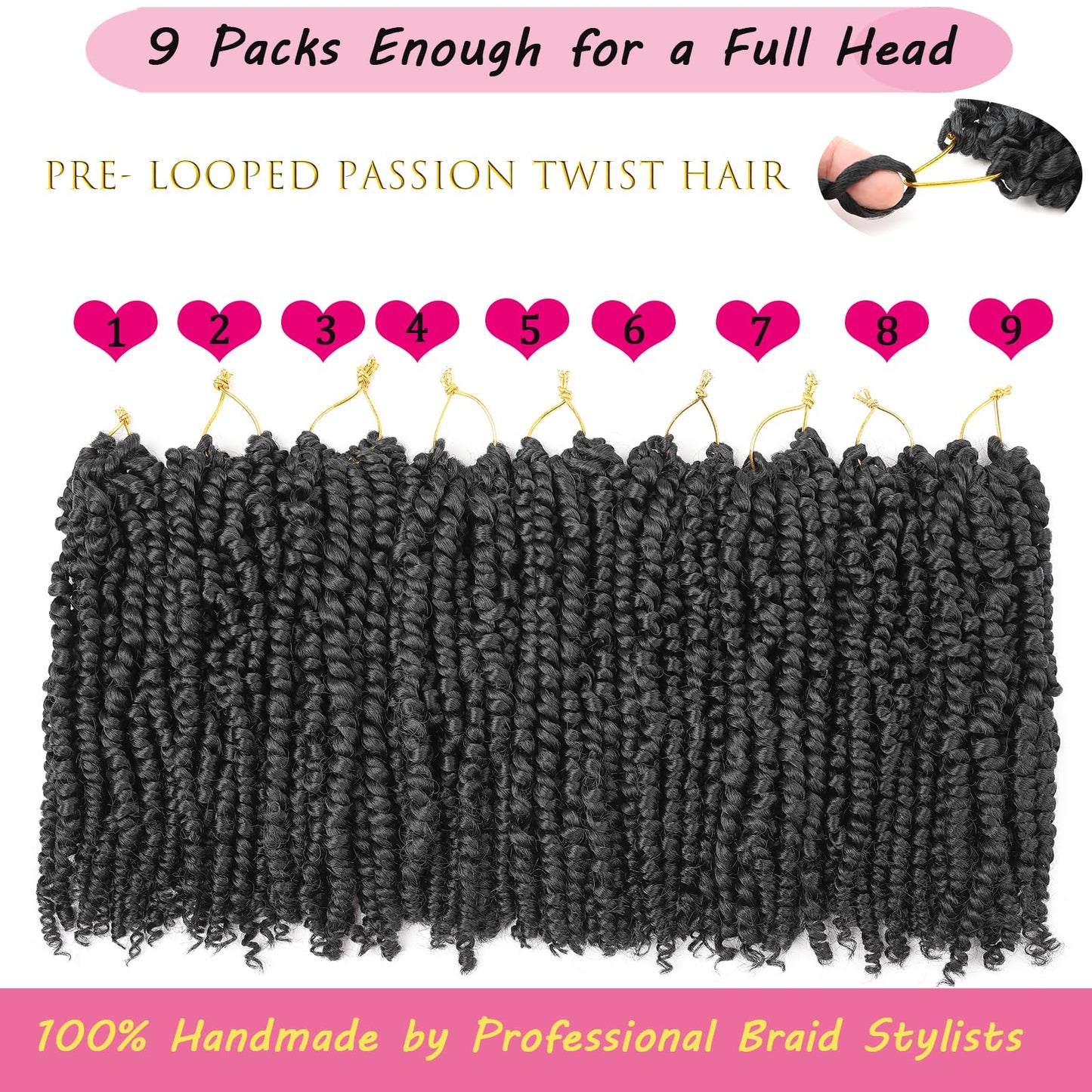 9 Packs Passion Twist Hair 14 Inch Pre Looped Crochet Passion Twist Hair Nature Passion Twist Crochet Hair Pre-twisted Bohemian Passion Twist Braiding Synthetic Hair for Kids and Girls (14 Inch,1B)