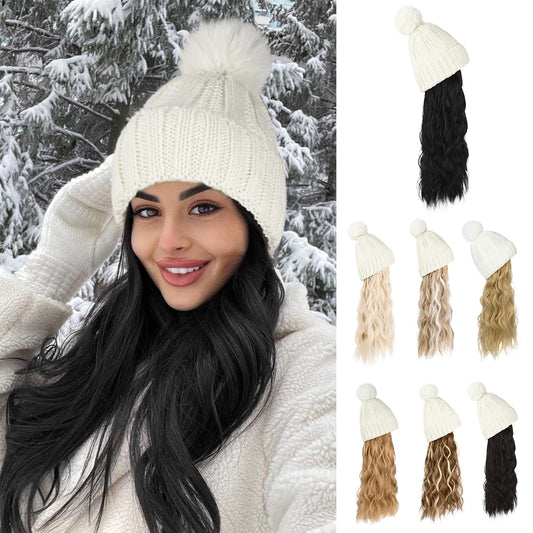 Flufymooz Beanie Wig, Hat Hair Extension Long Wavy Curly Black Hat Wig with Faux Fur Pom Hat, wig hat Attached 20 Inch Synthetic Hairpiece for Women Girls Winter (Natural Black)