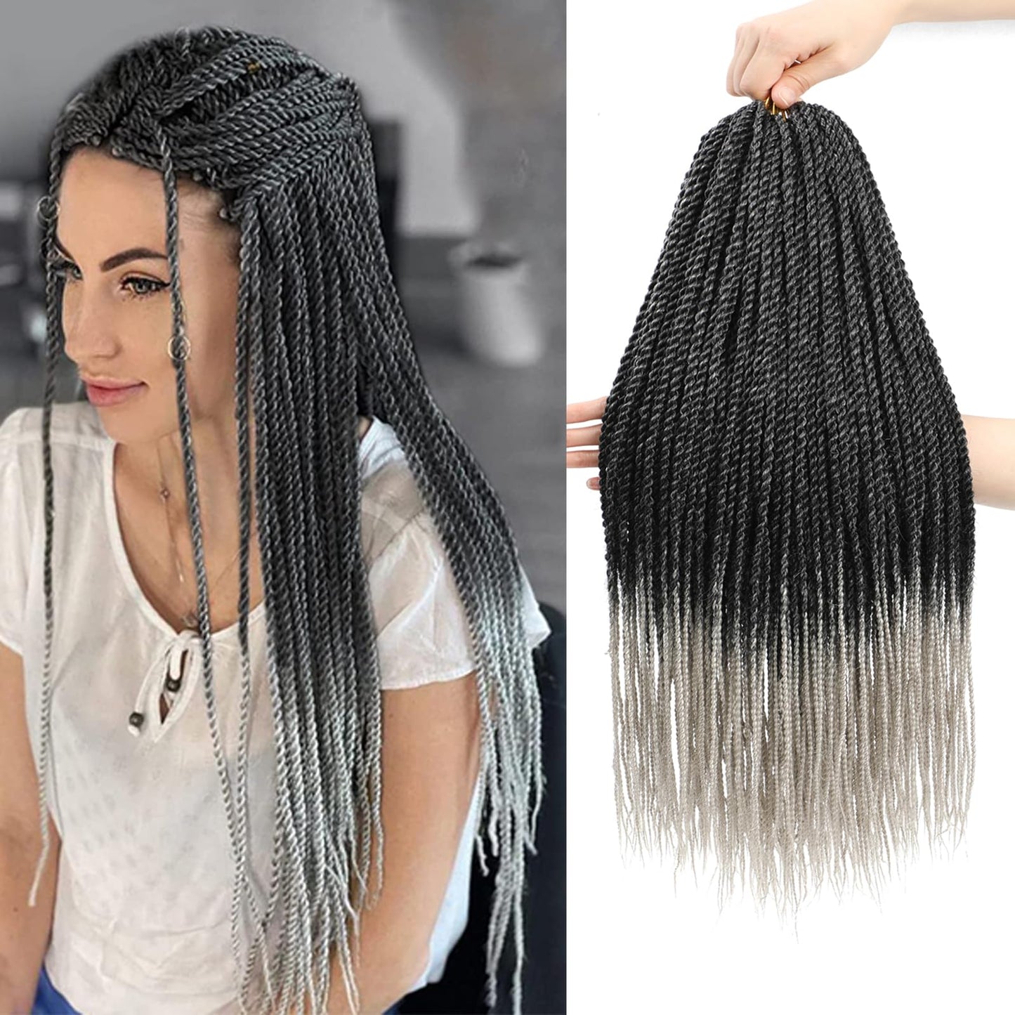 Senegalese Twist Crochet Hair For Black Women 14 Inch 7 Packs Crochet Senegalese Twists Crochet Twists Pre Looped Small Crochet Braids Hair 30Stands/Pack Hot Water Setting(14 Inch, T1B/GRAY)