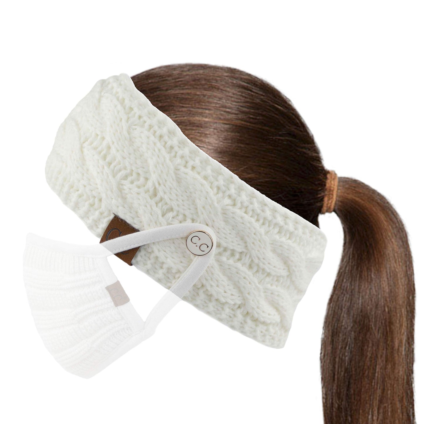 C.C Winter Fuzzy Fleece Lined Thick Knitted Headband Headwrap Epoxy Button for Face Masks (BHW-1) (A Button Ivory)