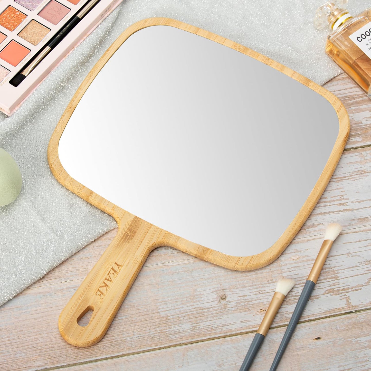 YEAKE Hand Mirror,Extra Large Natural Bamboo Handheld Mirror with Handle, Single-Sided Portable Travel Vanity Mirror for Men & Women,8.9" W x 12.4" L