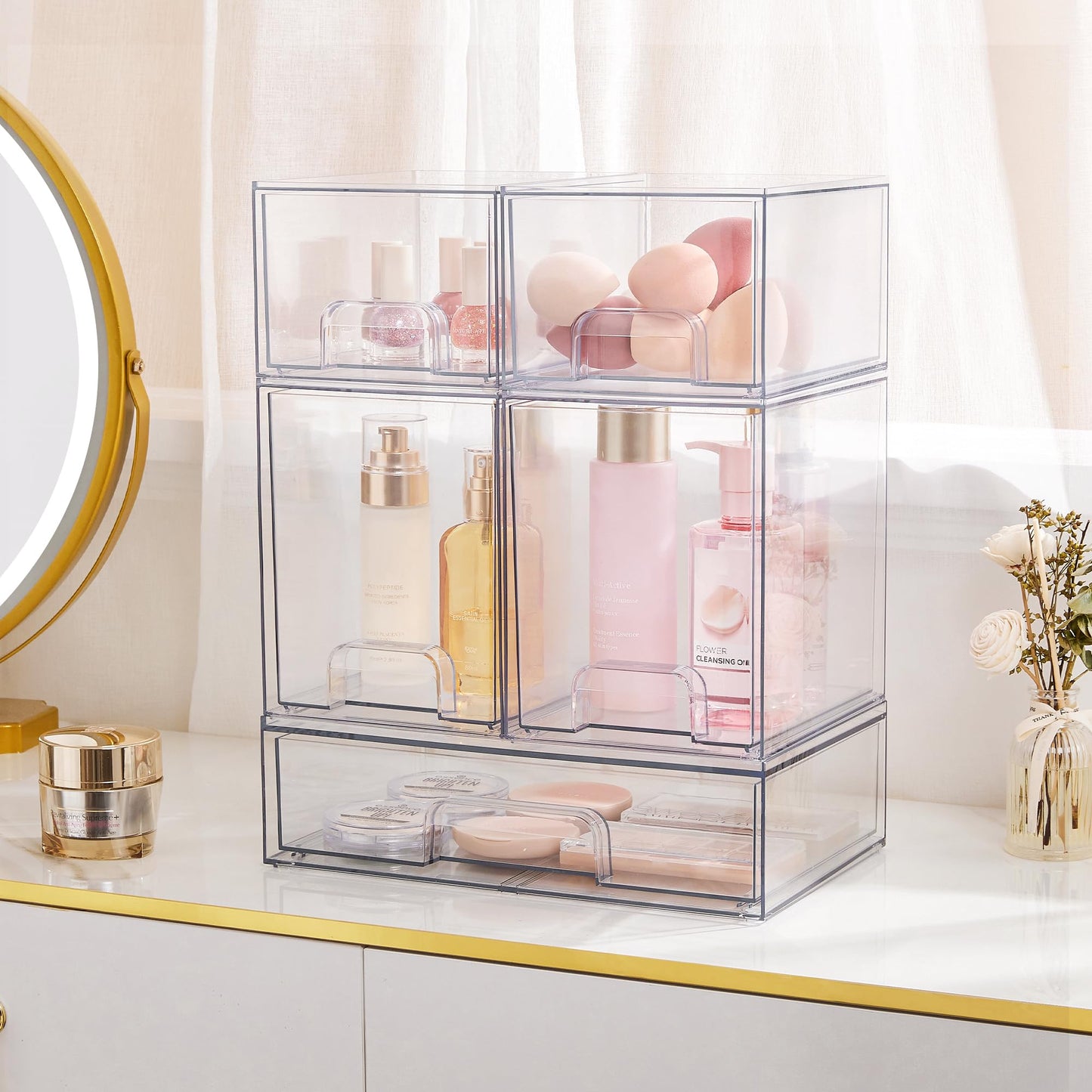 Vtopmart 2 Pack Clear Stackable Storage Drawers, 4.4'' Tall Acrylic Bathroom Makeup Organizer,Plastic Storage Bins For Vanity, Undersink, Kitchen Cabinets, Pantry, Home Organization and Storage