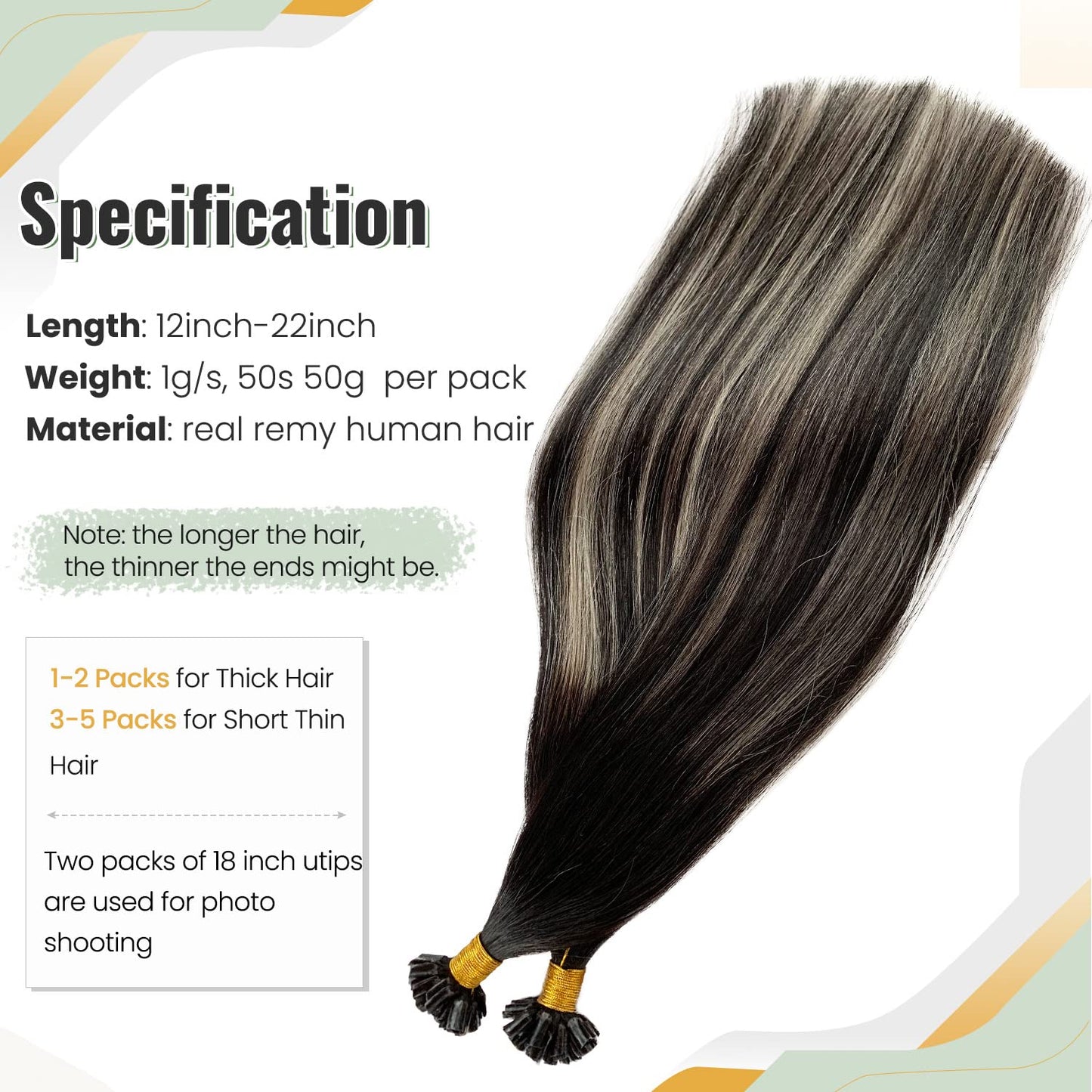 Balayage Utip Hair Extensions Human Hair, Black and Silver Utips Extensions Fusion Remy Human Hair, Natural Black to Silver Highlight Keratin Tip Extensions 50g 50s 20 Inch