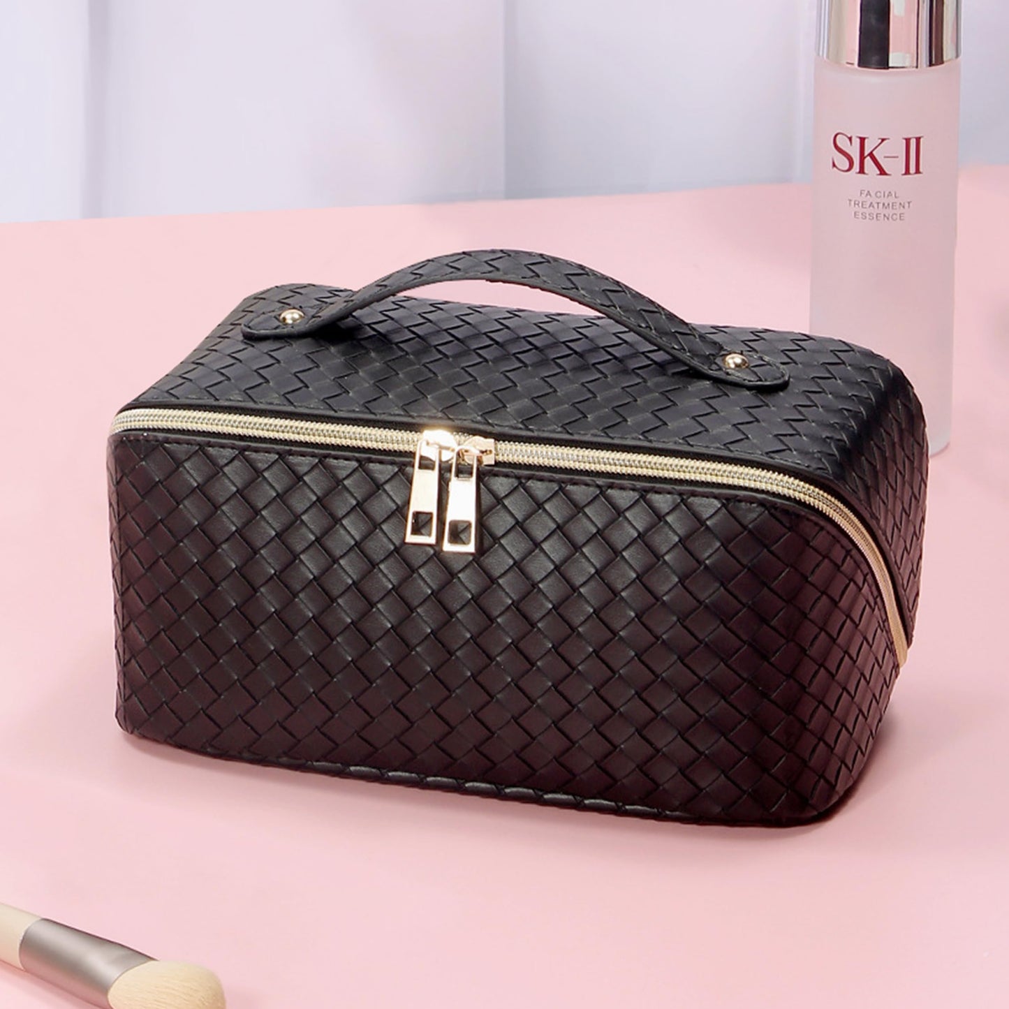 Mountain Land Large Capacity Travel Cosmetic Makeup Bag PU Leather Waterproof Women Portable Toiletries With Handle and Divider Flat Lay Organizer Woven Black