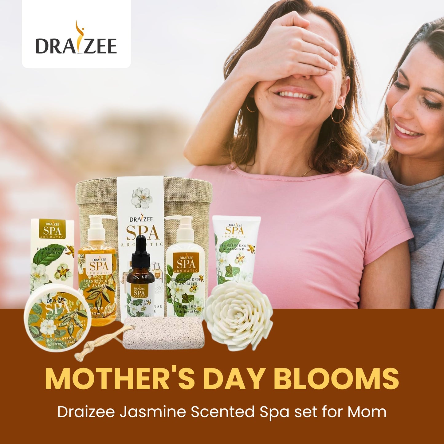 Gifts for Mom - Spa Basket For Women 9 Pcs Frankincense & Jasmine Scented Relaxation Set Includes Bath and Body Lotion & Butter, Shower Gel, Bubble Bath, Oil - Mother's Day Gifts Basket by Draizee