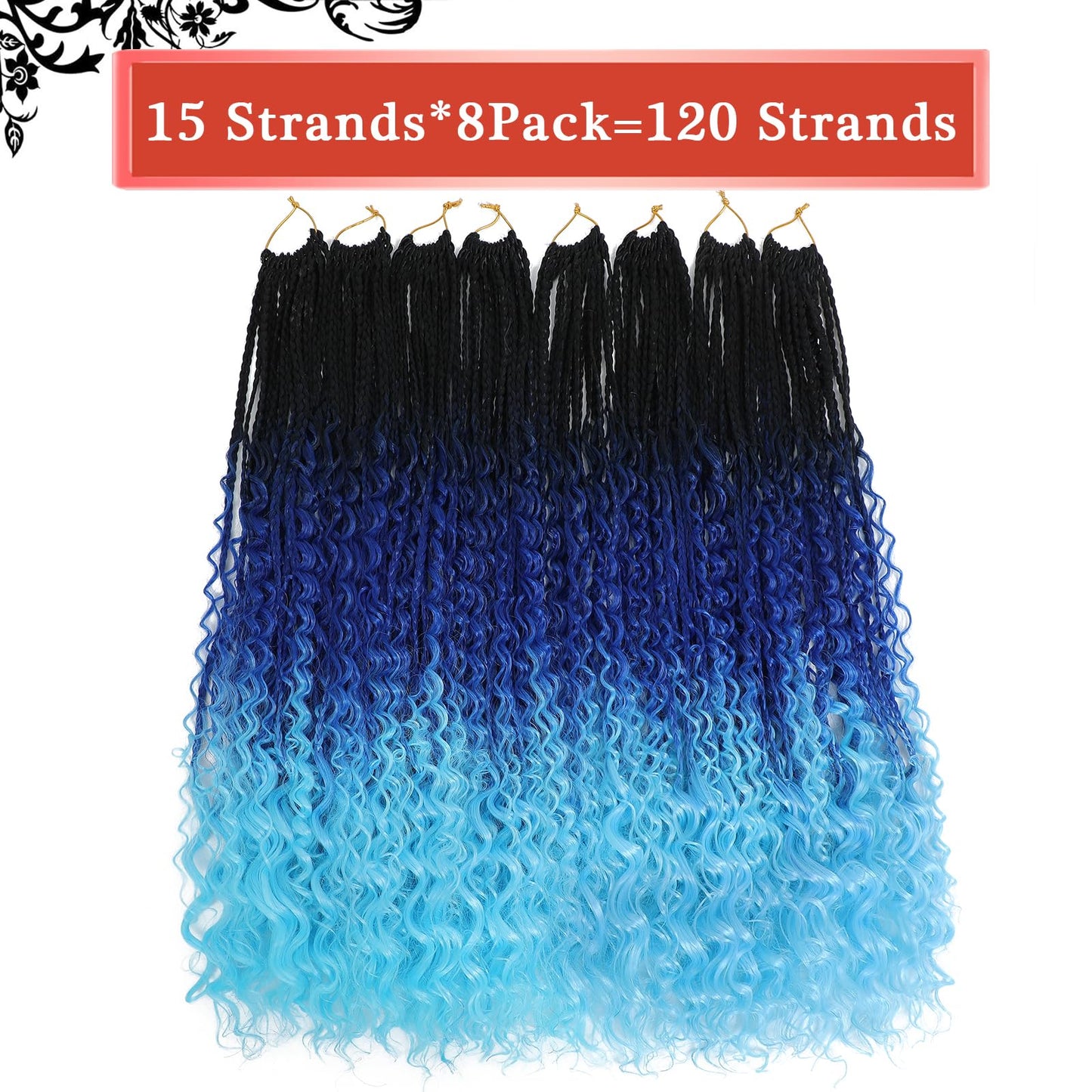 Coolbeeza Box Braids Crochet Hair with Curly Ends Goddess Box Braids Bohe Soft Synthetic Crochet Hair Extensions for Women Kids1B 14inch-120 strand(1B/dark blue/light blue)