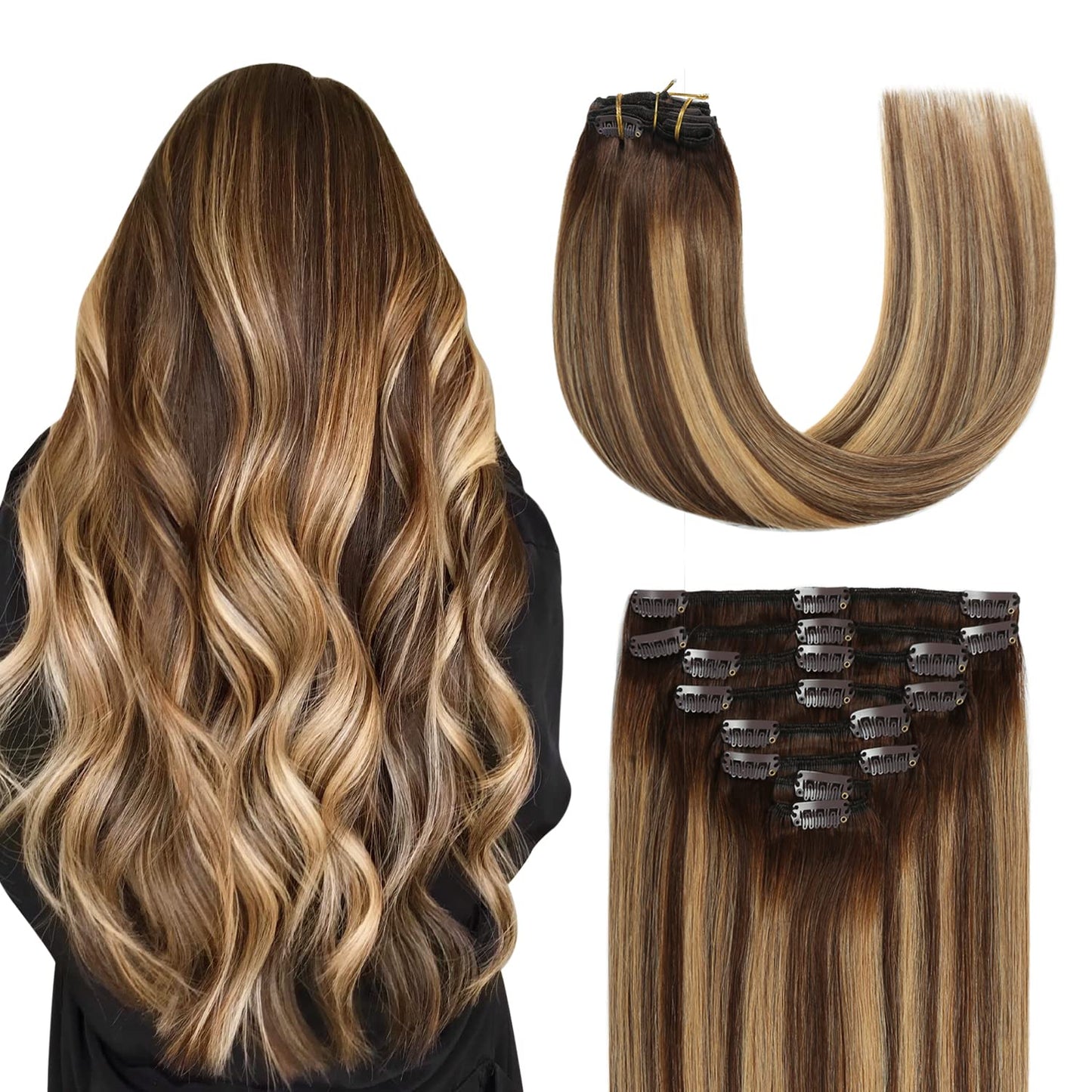 Sunya Clip in Hair Extensions Real Human Hair Balayage Human Hair Clip in Extensions Chocolate Brown to Caramel Blonde Human Hair Clip ins Ombre Hair Extensions Clip ins 14 Inch 8pcs/110g