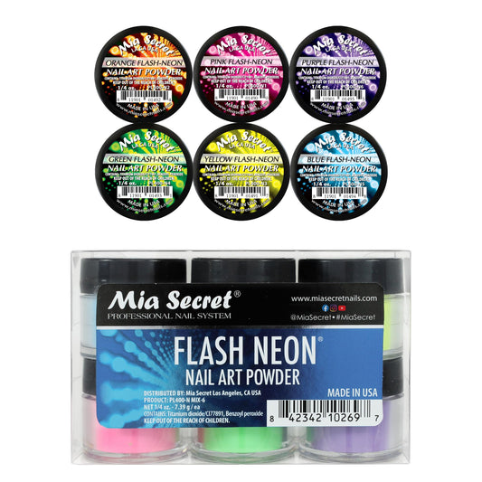 6 Mia Secret Flash Neon Acrylic Nail Art Powder Glows Under the Black Light 6 Neon Colors