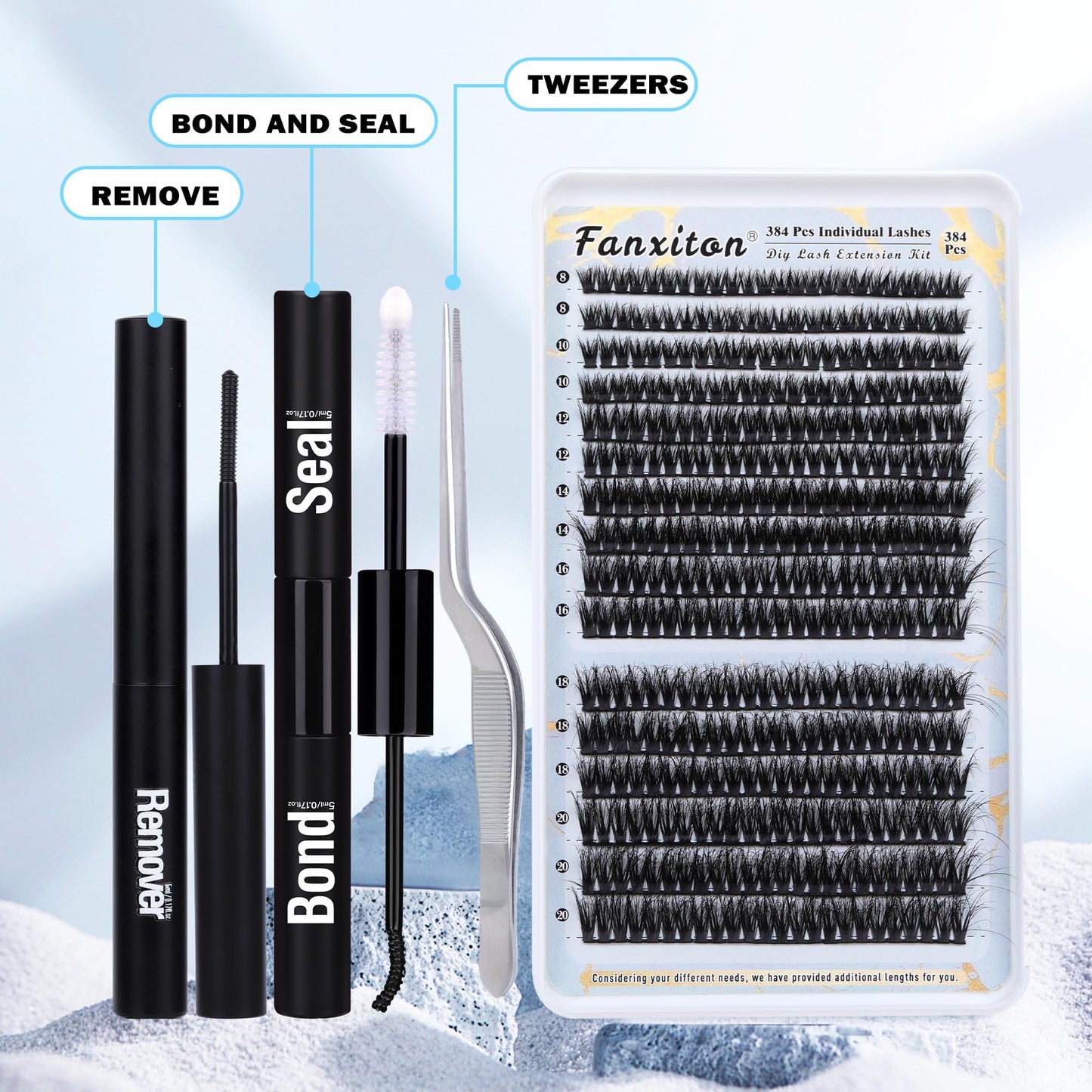 Lash Extension Kit Fluffy Lash Clusters 384pcs 8-20mm DIY Lashes Cluster with Lash Bond and Seal, Lash Cluster Remover and Tweezers Long Eyelashes Extension Kit by FANXITON