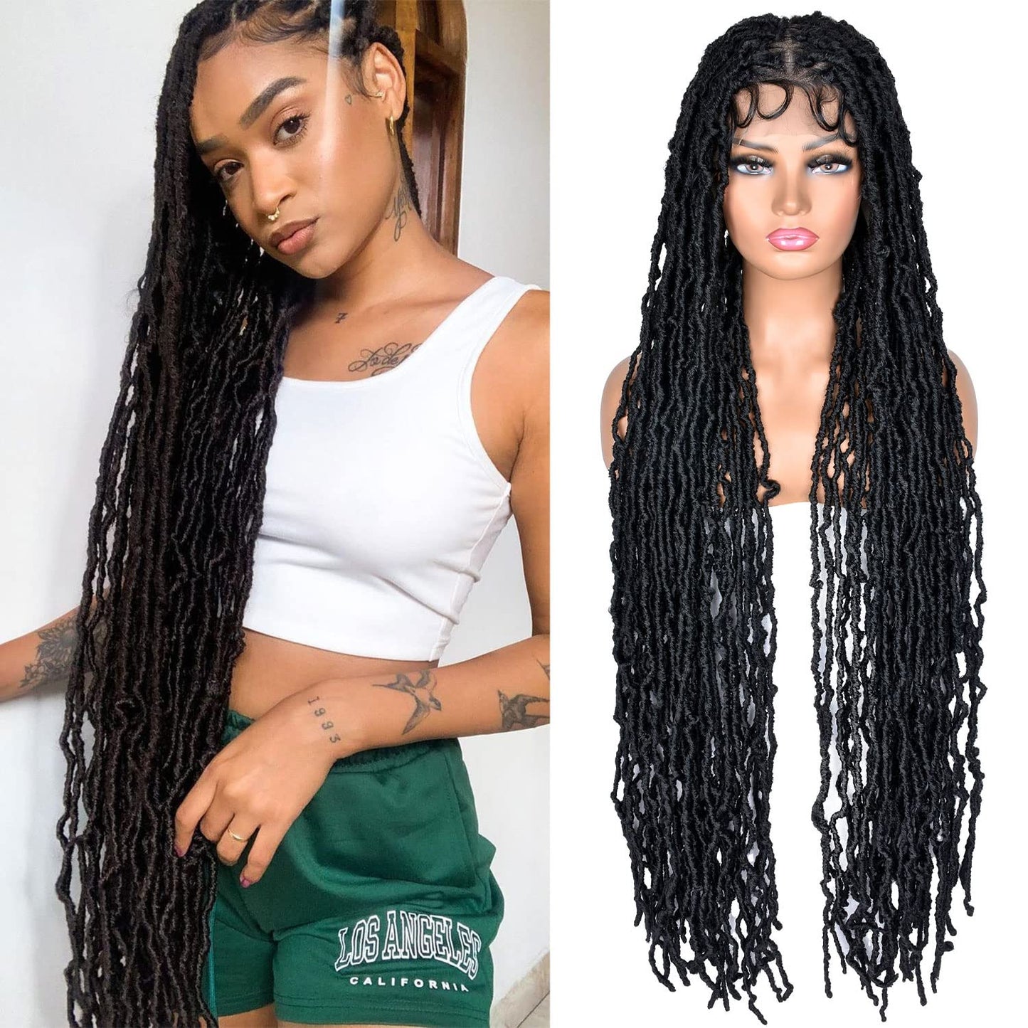 RunM Faux Locs Braided Wigs for Black Women Faux Locs Wig Full Double Lace Curly Braids Wig 40 Inch Synthetic Lace Twist Wig(1B)