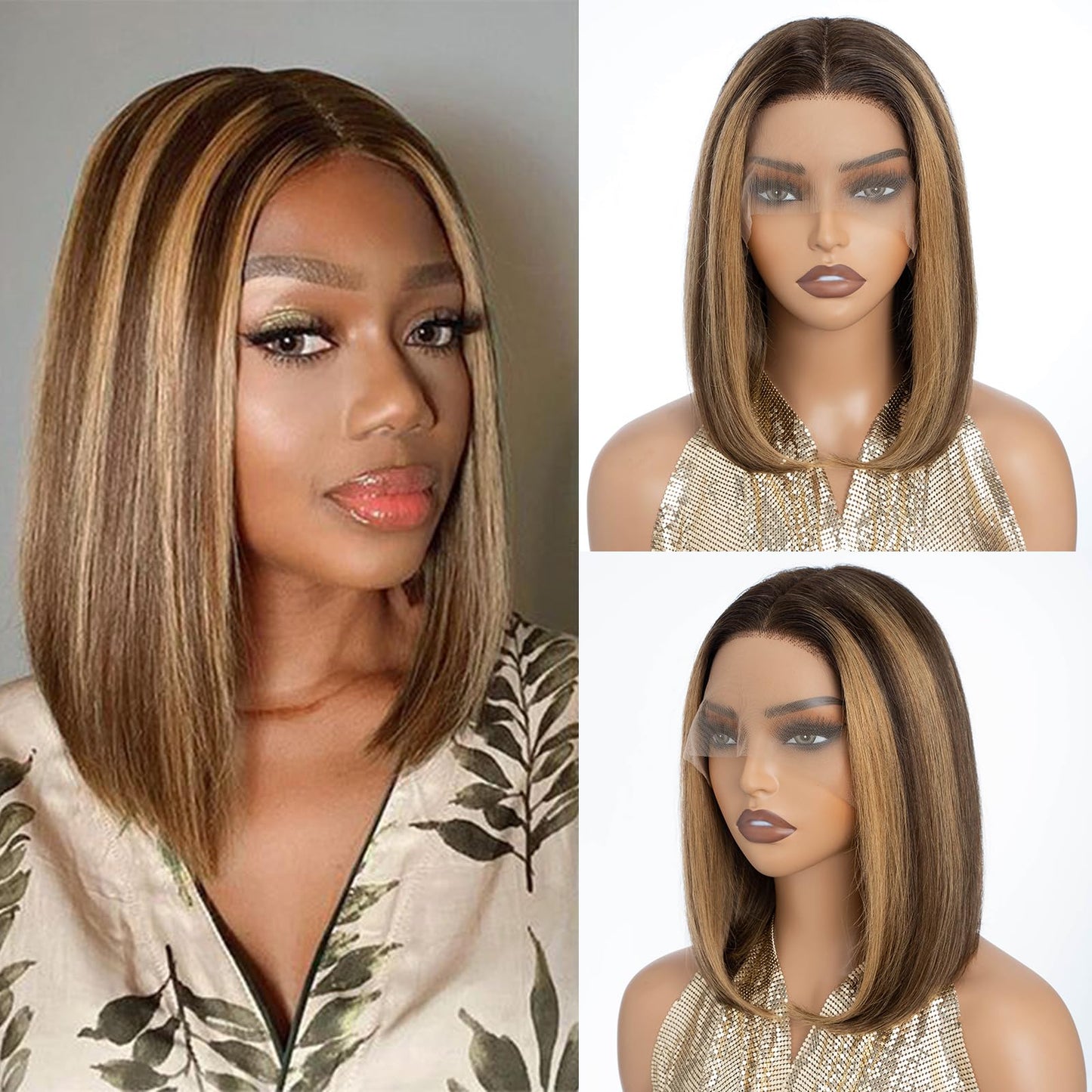 DÉBUT Ombre Highlight Blonde Brown Lace Front Wigs Human Hair Short Bob Wigs Middle Part Wigs Brazilian Virgin Straight Hair 13x4x1 T Part Wigs for Black Women Piano Color 12 Inches