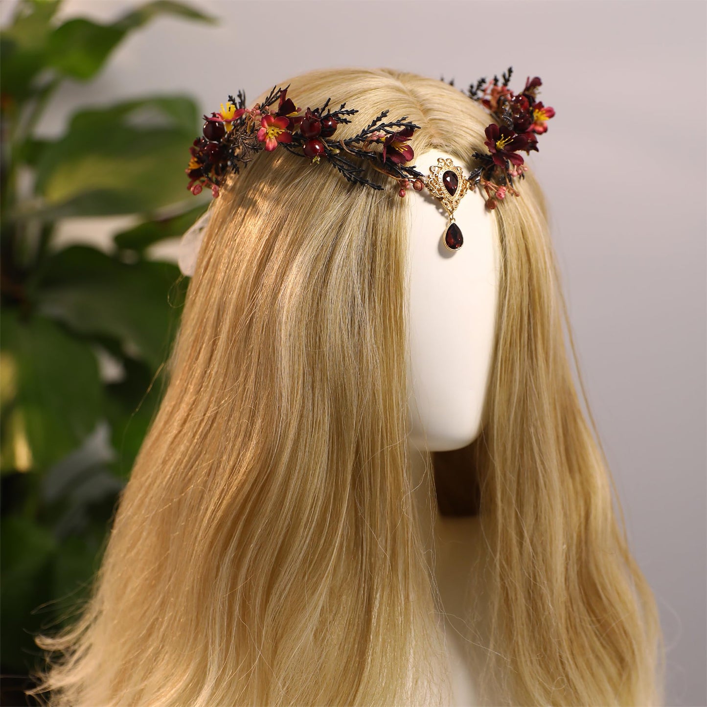 MOSTORY Dark Flower Fairy Crown - Handmade Elf Floral Headpiece Forest Crown Elven Circlet for Women Girls Cosplay Renaissance Carnival Masquerade Photo Shoot