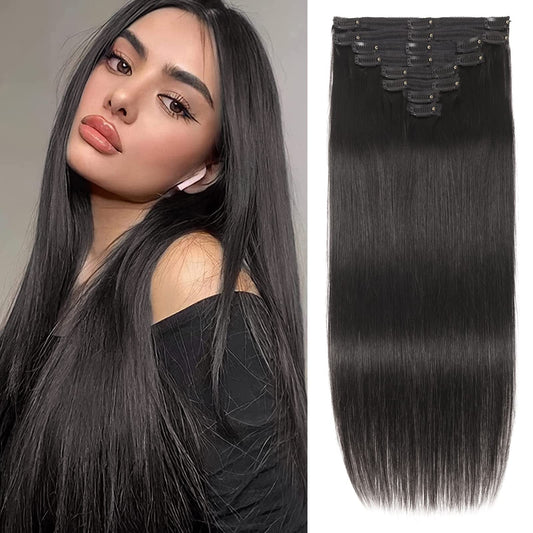 Straight Human Hair Clip in Hair Extensions 100% Unprocessed Full Head Brazilian Virgin Hair Natural Black Color,Double Wefts,8/Pcs with 18Clips,130Gram (18 Inch)