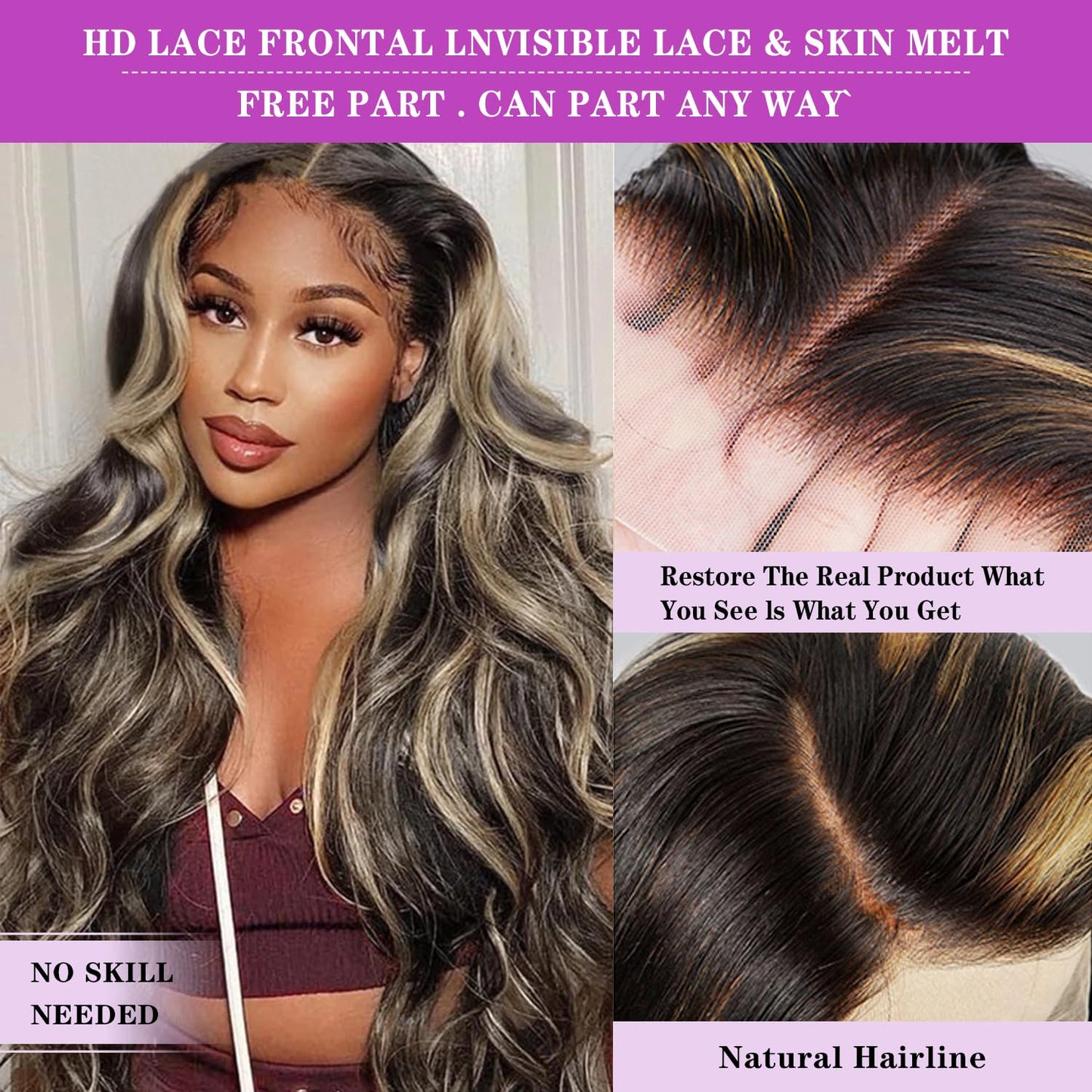 WRLYYEO Ombre Lace Front Wig Human Hair Pre Plucked 1B/27 Highlight Lace Front Wig Human Hair with Baby Hair 180 Density 13x4 Body Wave Colored Lace Front Wigs Human Hair Glueless Wigs 18 Inch