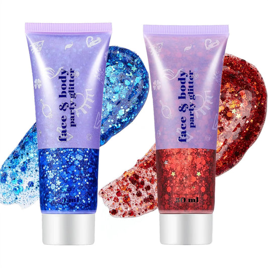 Go Ho Red and Blue Body Glitter Set,Singer Concerts Face Glitter Gel Makeup,Holographic Long Lasting Chunky Sequins Glitters for Eye Lip Hair Nails,Festival Rave Accessories,Blue&Red Glitter