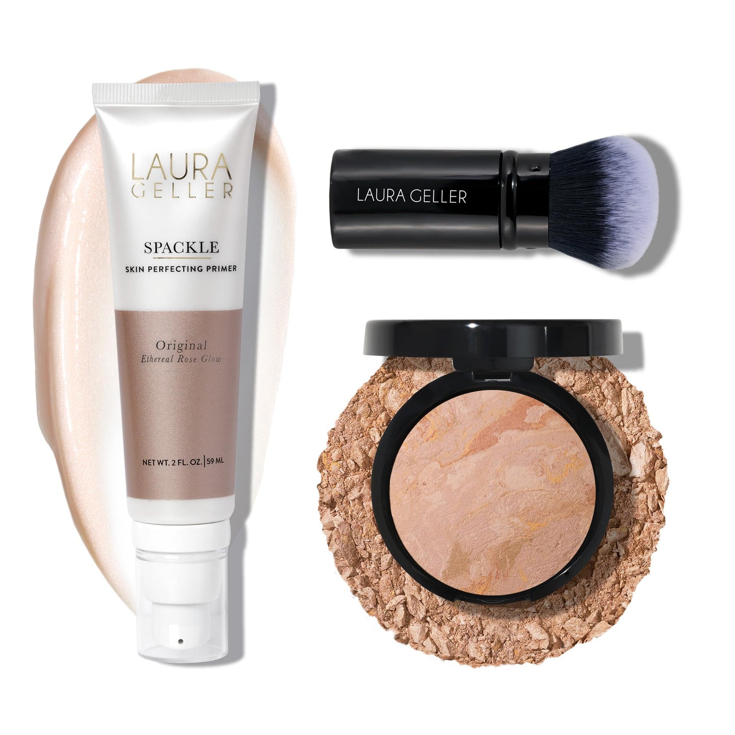 LAURA GELLER NEW YORK Baked Balance-n-Brighten Powder Foundation - Fair + Spackle Super-Size Skin Perfecting Makeup Primer - Ethereal Rose Glow + Retractable Airbrush Kabuki Brush