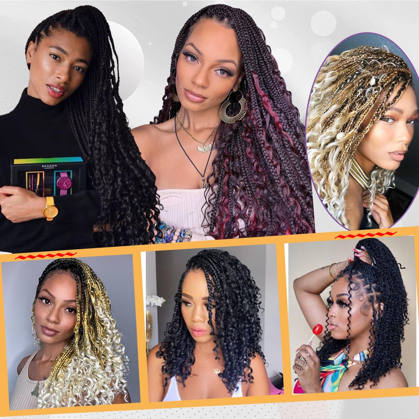 Beverlee 10 Inch 8 Packs Boho Box Braids Goddess Box Braids Crochet Hair Bohemian Hippie Braids Braiding Hair Box Braids with Curly Ends Messy Pre-Looped Synthetic Crochet Hair for Black Women 2/3#