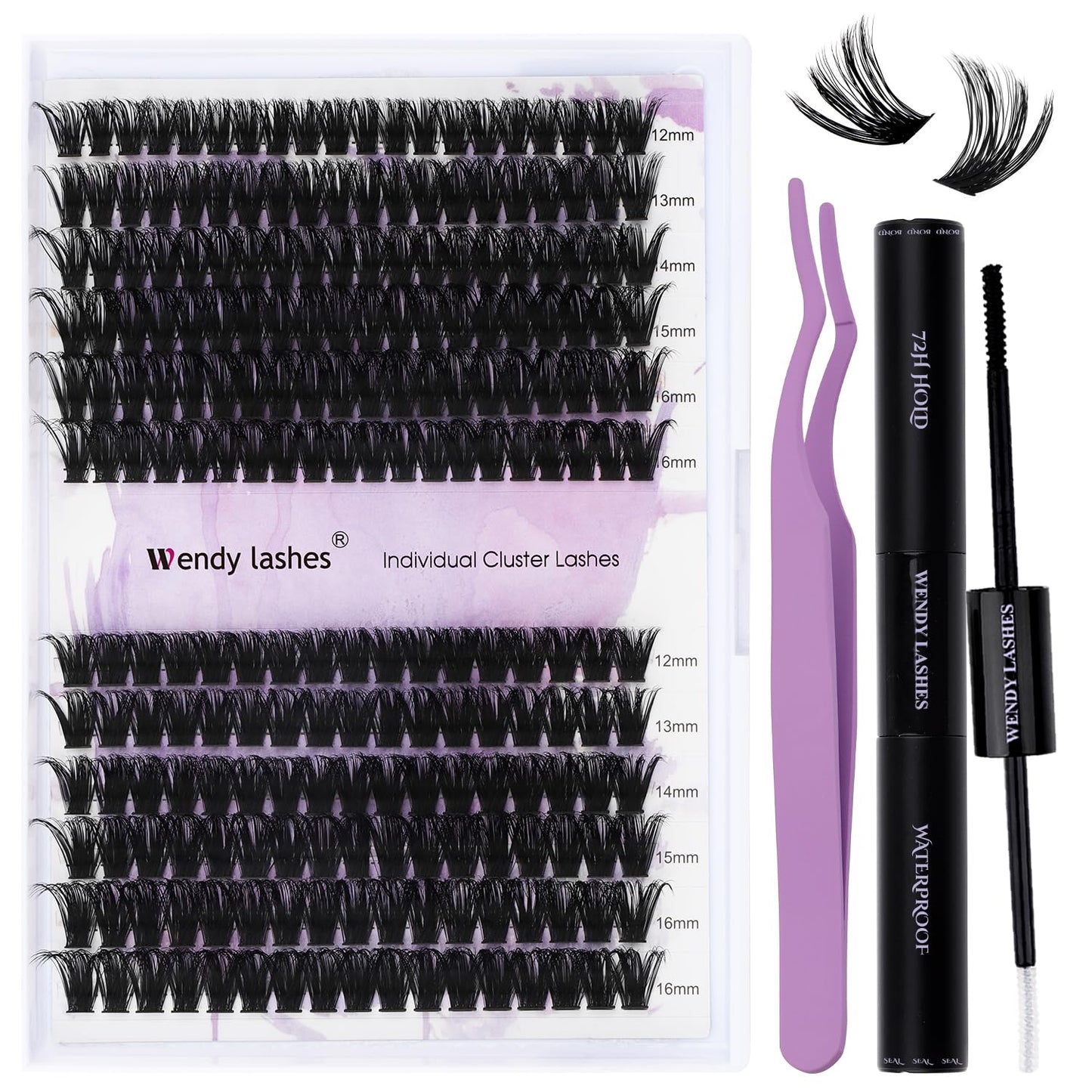 WENDY Lash Extension Kit Lash Clusters Kit D Curl 60D+80D Cluster Lashes Individual Lashes Wispy Soft Eyelash Clusters with Lash Bond and Seal Lash Applicator(60D+80D D Kit,12-16mm)