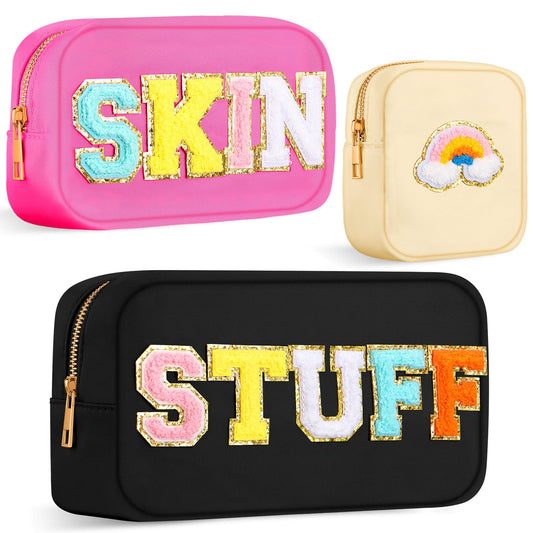 3 Pcs Preppy Makeup Bag Chenille Letter Nylon Cosmetic Bags Travel Varsity Letter Skin Stuff Bag Organizer Pouch Travel Bag Set for Women Girls (Black, Rose Red, Beige, Rainbow)