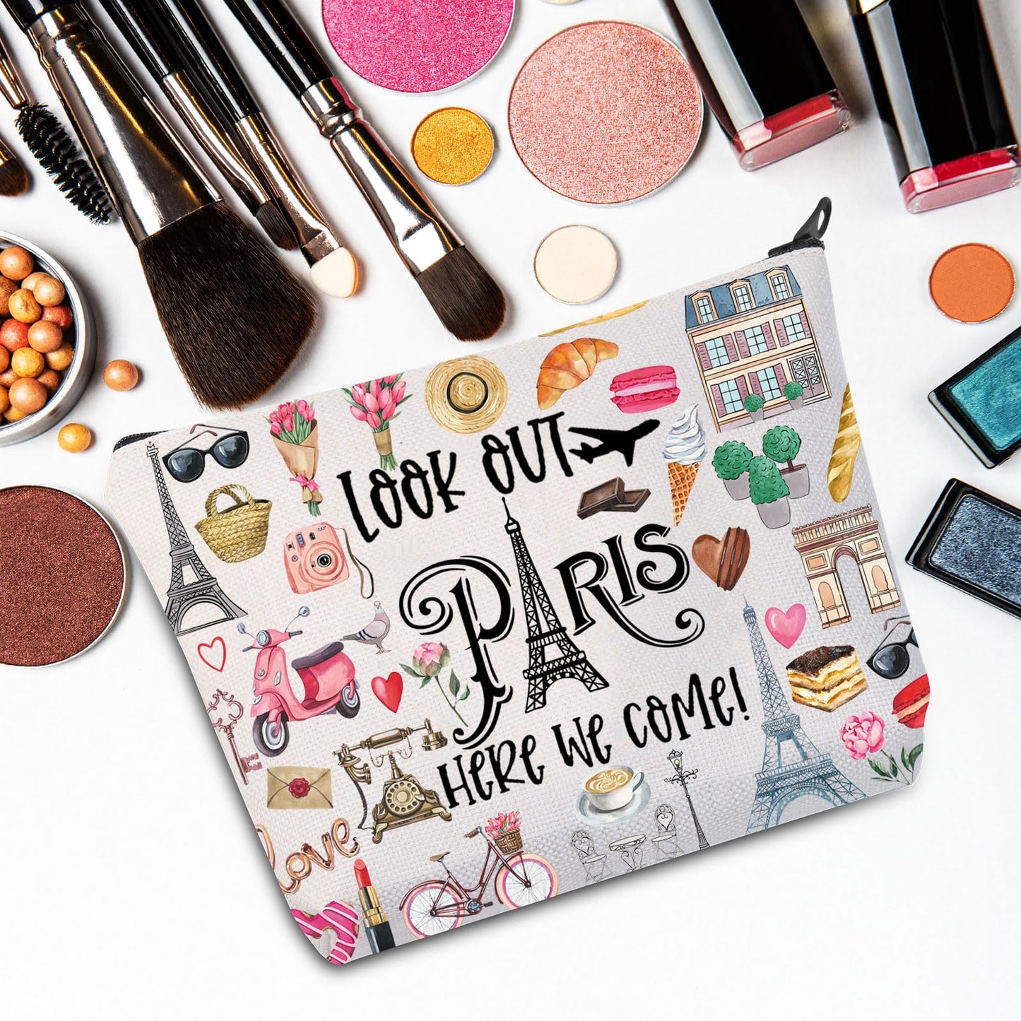 JNIAP Paris Themed Makeup Bag Paris Trip Gifts Paris Travel Bag Paris Toiletry Bag Paris Zipper Pouch Paris Makeup Pouch (look out paris)