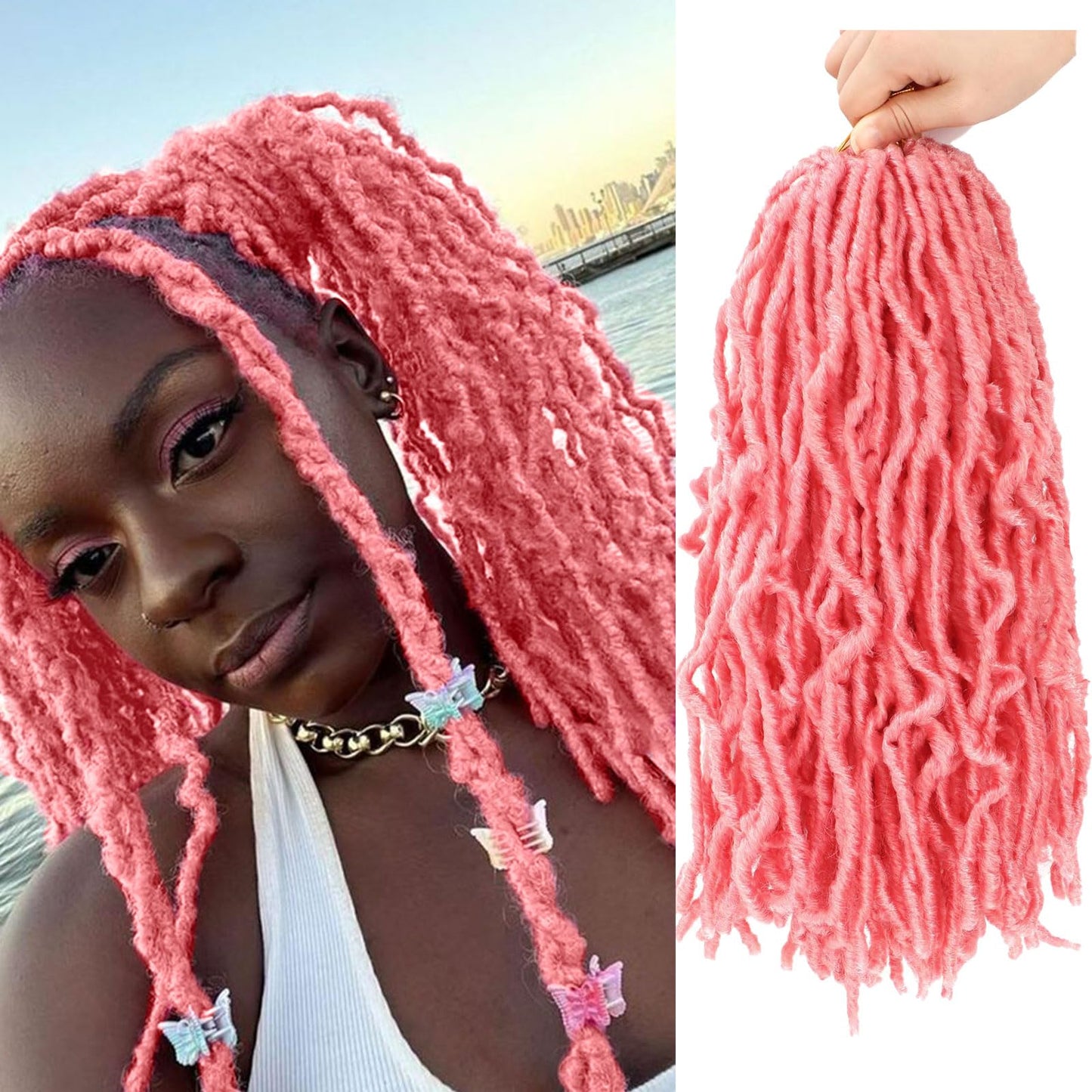 Pink Locs 7 Packs Faux Locs Crochet Hair 14 Inch New Soft Locs Crochet Hair Pre Looped Goddess Locs Crochet Hair for Women Crochet Braids Synthetic Hair Extensions/Pink