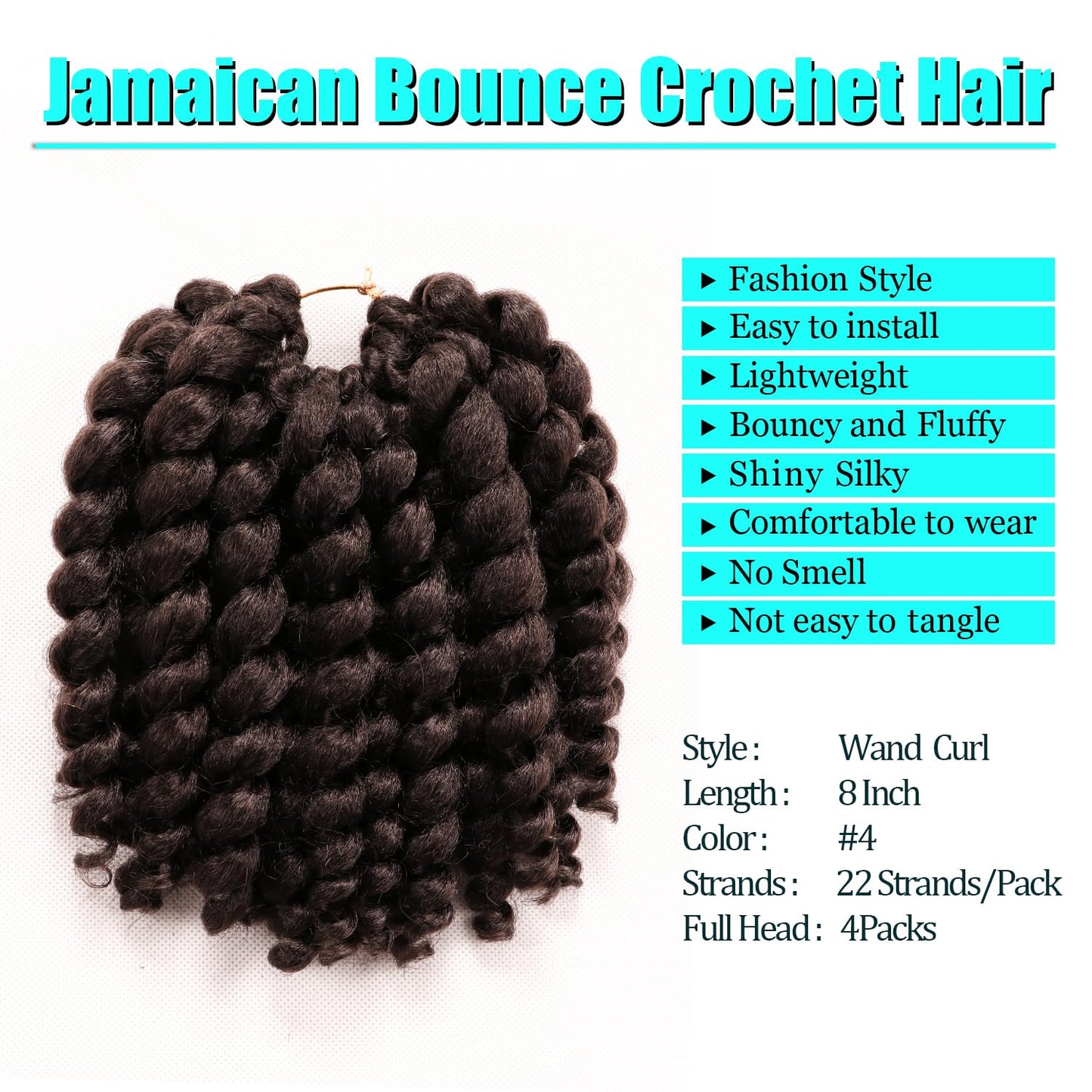 8 Inch Jamaican Bounce Crochet Hair 22 Strands Jumpy Wand Curl Crochet Hair 4 Packs Curly Crochet Hair for Black Women (8 Inch 4 Packs, 4)