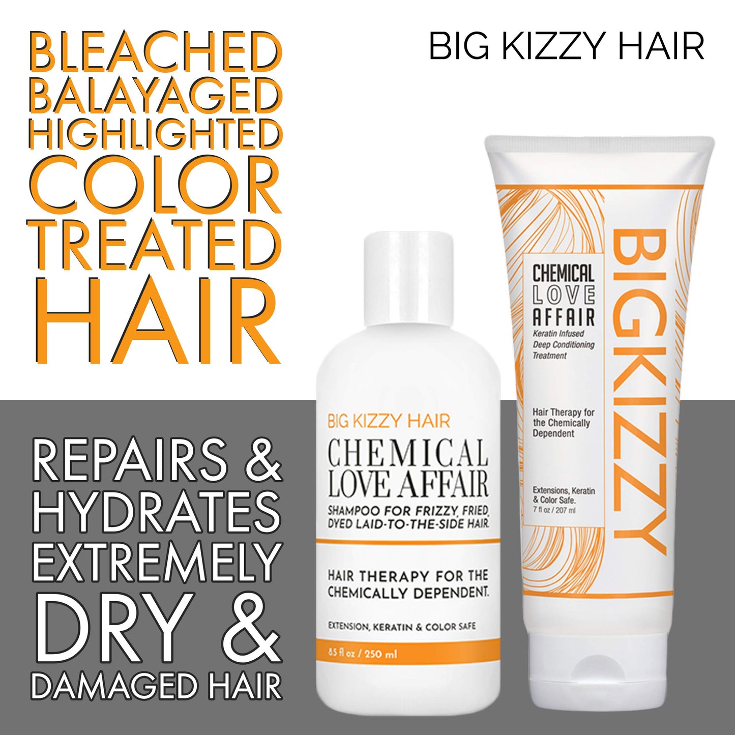 Damage Repair Shampoo and Conditioner Set - Keratin & Rice Protein Repair & Smooth Dry, Damaged Hair. Chemical Love Affair by Big Kizzy. Extensions, Color & Keratin Safe. Sulfate & Paraben Free.