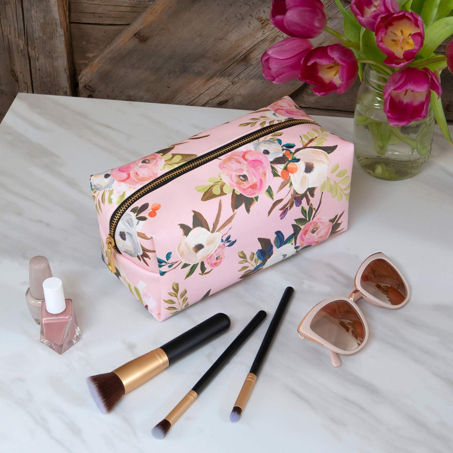 Cosmetic Bag for Makeup & Toiletries by Studio Oh! - Bella Flora - Fully Lined, Spacious Size: 10" W x 4.25" H x 4.75" D Loaf Pouch with Full Zip Closure