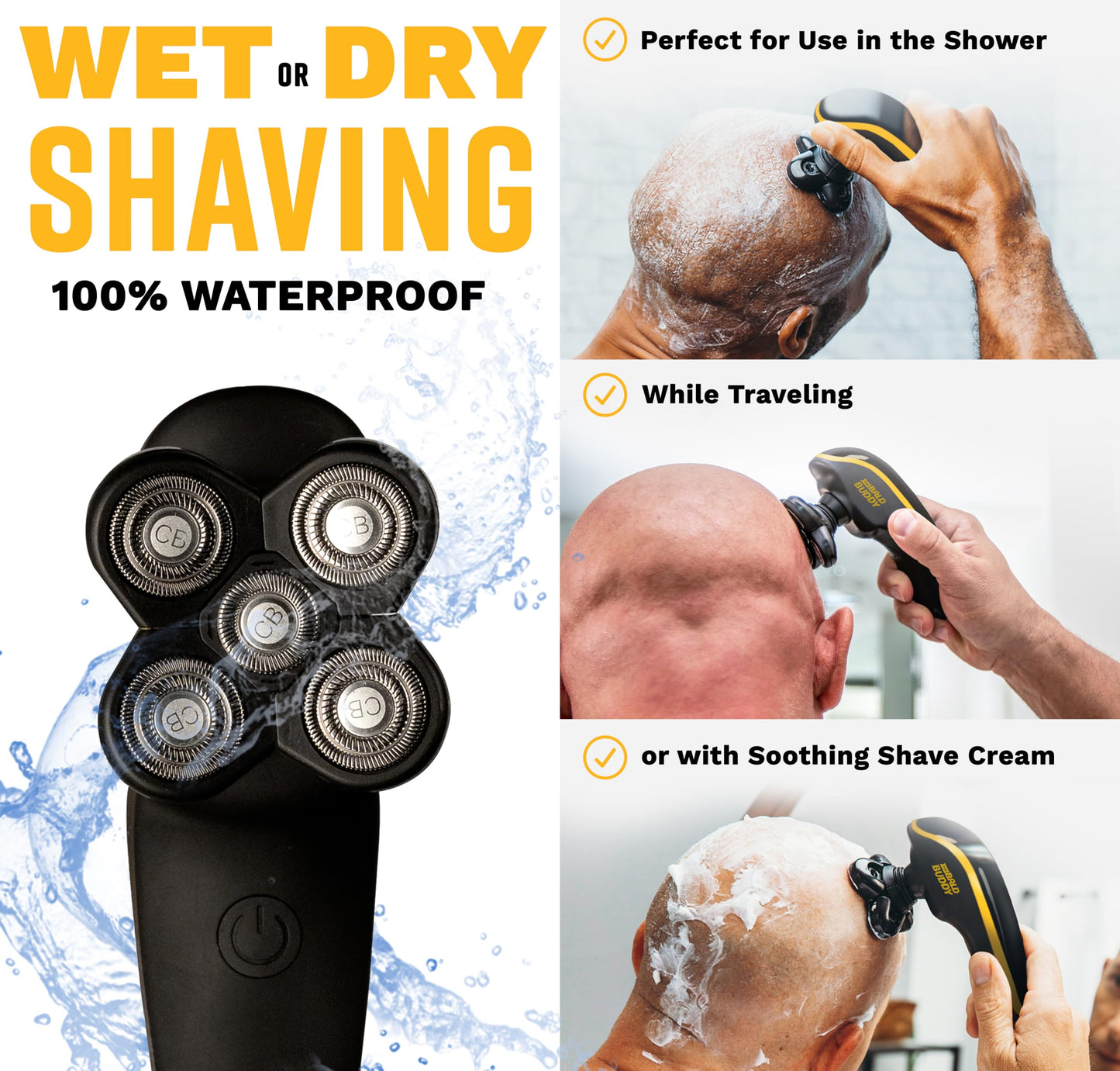 Head Shaver for Bald Men, New & Improved Bald Buddy, Gift for Men, Waterproof, Rechargeable Electric Razor, Cordless, Battery & Cleaning Indicator