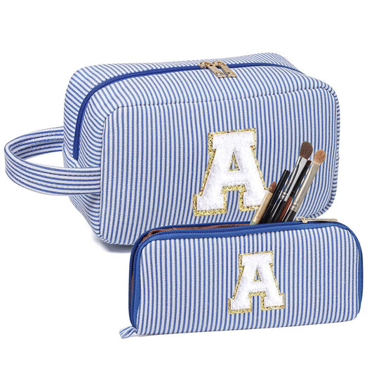 Avgiedy 2Pcs Makeup Bag, Cute Cosmetic Bag, Personalized Initial Preppy Large Capacity Travel Makeup Bag Organizer, Makeup Bag is for Mother, Wife, Friends Birthday, Valentine's Day Gifts-Blue