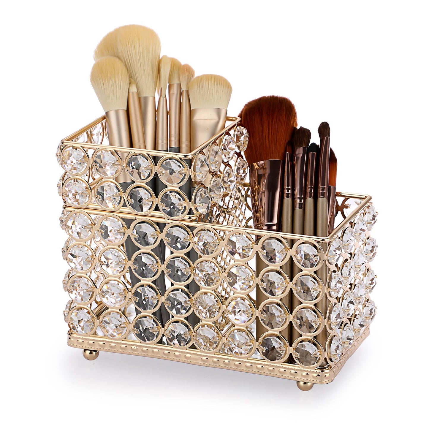 ELLDOO Golden Crystal Makeup Brush Holder, 2 Slot Cosmetic Organizer Storage Center, Lipstick Eyeliners Eyebrow Pen Pencil Holder, Gorgeous Decor Display Case for Dresser Bathroom Office