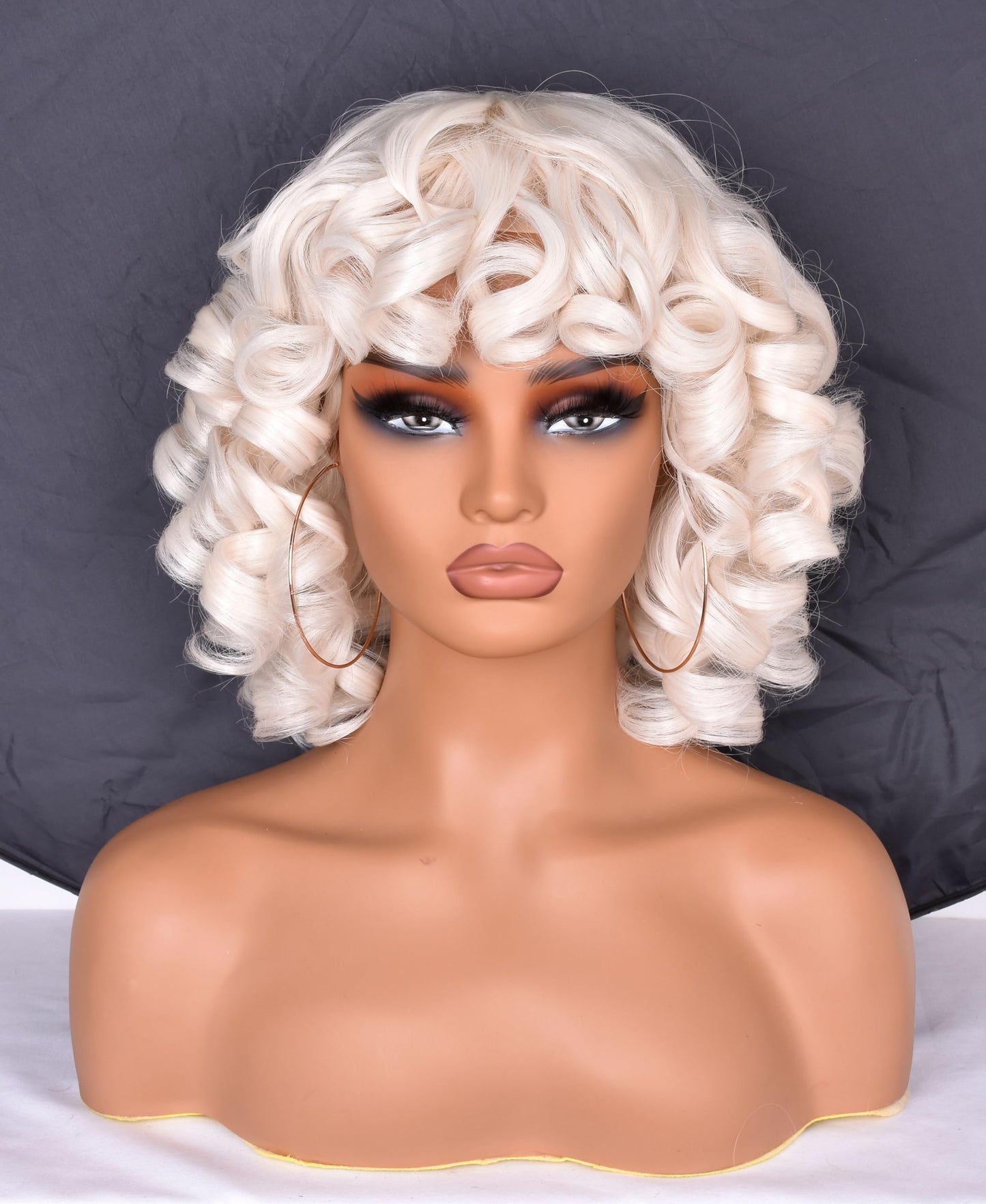 SOFUN Short Curly Wigs for Black Women Afro Curly Wig with Bangs Loose Cute Curly Fluffy Wavy Big Bouncy Fluffy Curly Wig(White)