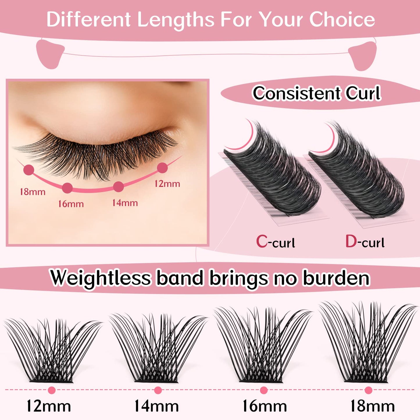 Lash Clusters, 72 Pcs Individual 12-18mix Cluster Lashes DIY Lash Extension Eyelash Clusters Volume Wispy Lashes Super Thin Band Reusable Soft & Comfortable(Volume-D-12-18 mix)