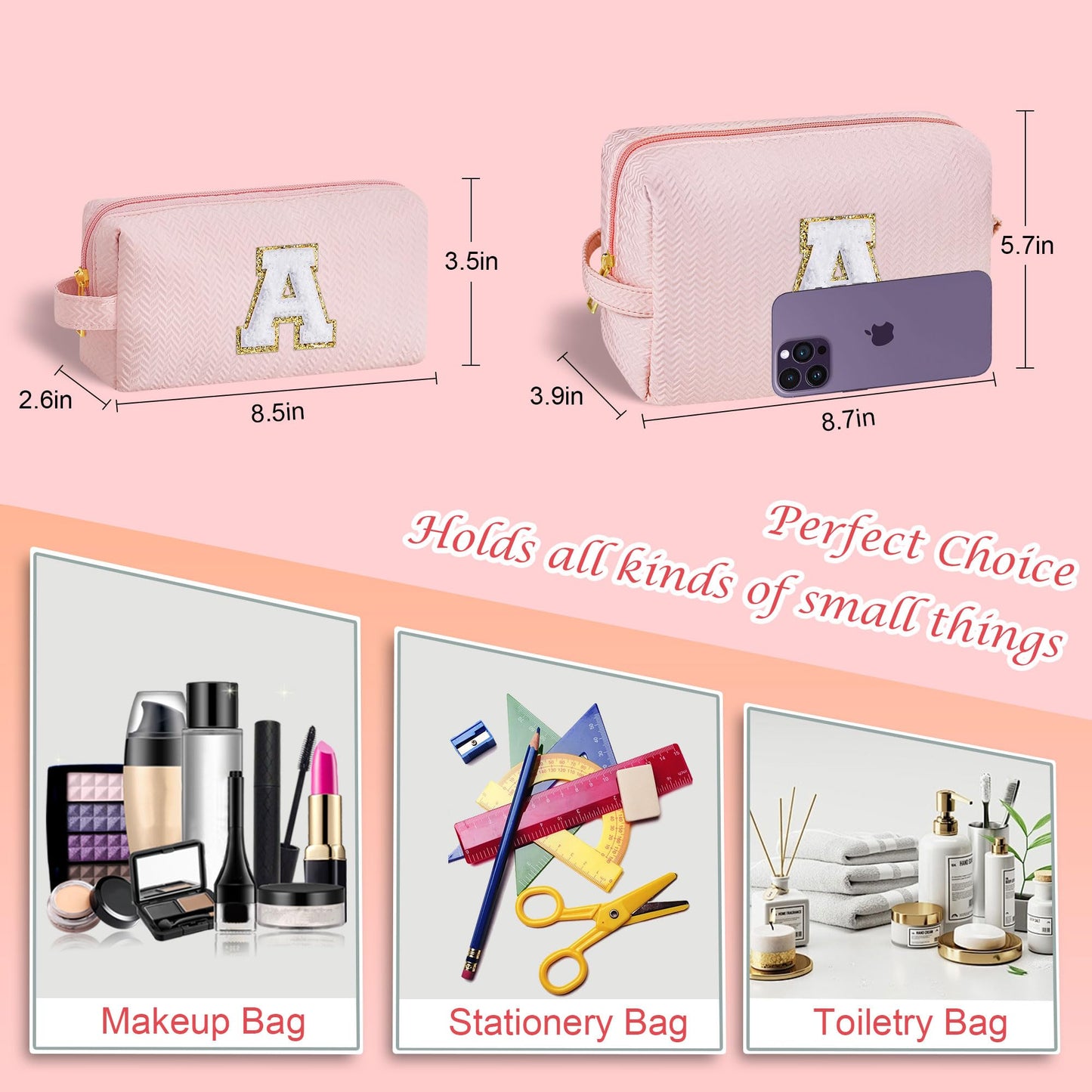 YOOLIFE Personalized Birthday Gifts for Women, Letter O Eachy Travel Pink Makeup Bag Organizer Make Up Bags for Women Cosmetic Bag Skincare Toiletry Bag Best Friends Birthday Gifts for Her Mom Teen