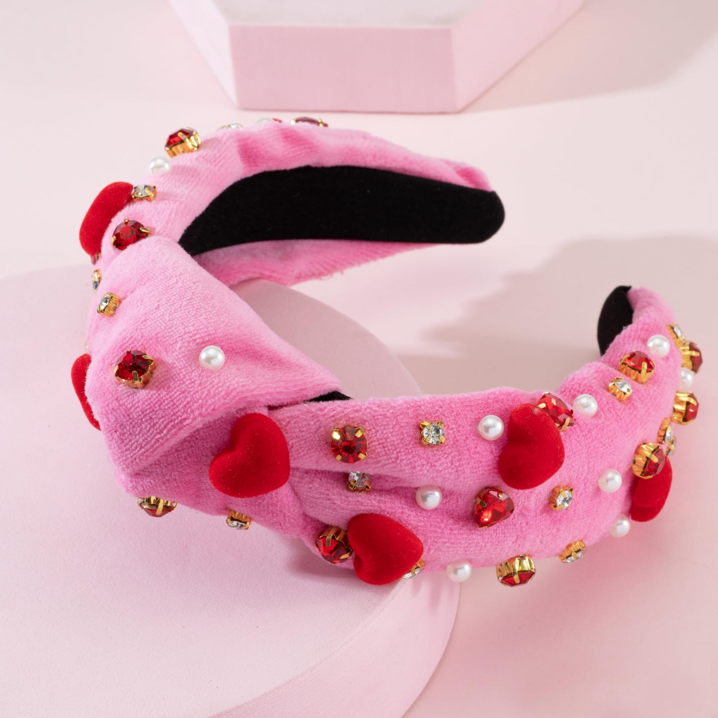 Valentine's Day Rhinestone headband for women Red Heart Love Charm Embellished Top Pink Hairband Twist Wide Hair Band (Valentine pink-red heart)