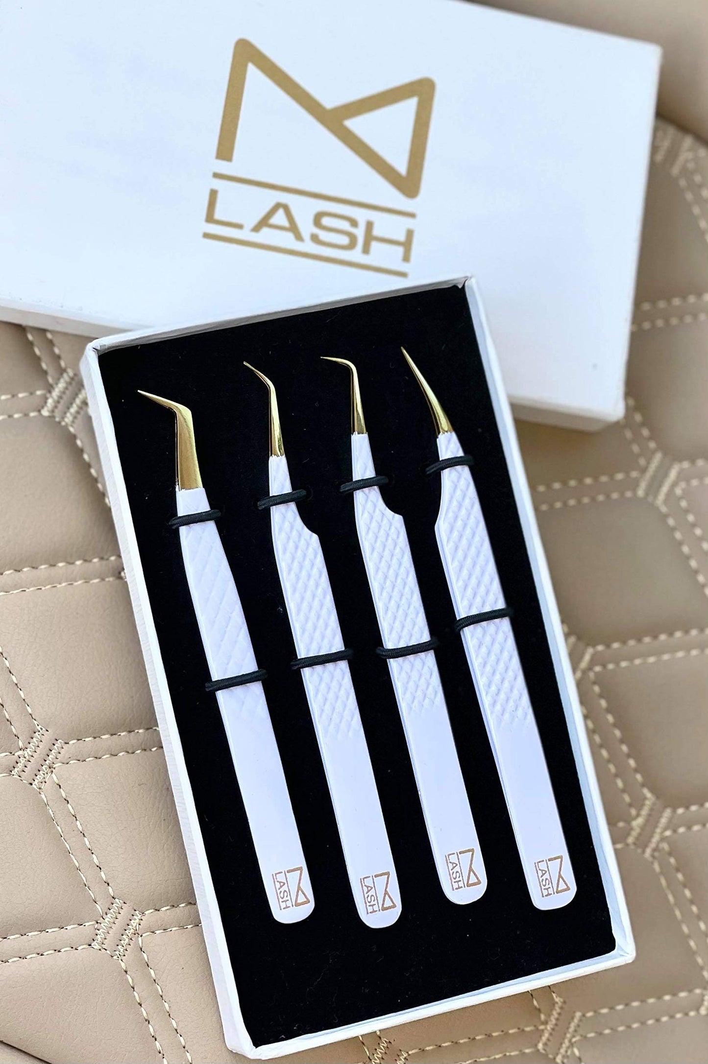 M LASH Eyelash Extension Tweezers (Set of 4) - Professional & Precision Lash Tweezers for Eyelash Extensions - Japanese Steel, Diamond Grip, Fiber Tip V3 (White)