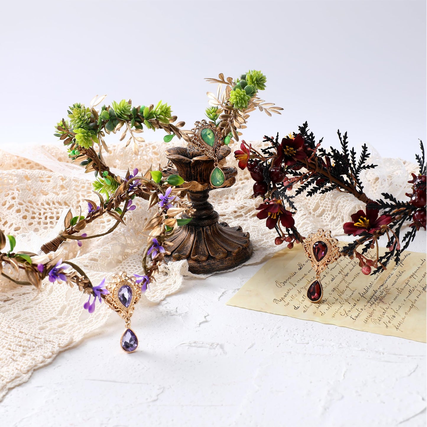 MOSTORY Dark Flower Fairy Crown - Handmade Elf Floral Headpiece Forest Crown Elven Circlet for Women Girls Cosplay Renaissance Carnival Masquerade Photo Shoot