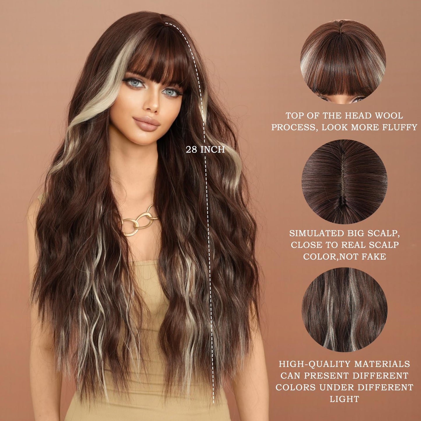 7JHH WIGS Long Curly Brown Wigs with White Blonde Highlight Wigs Natural Heat Resistant Fibre Wet Wave Chocolate Brown Ombre Platinum Women Wigs for Holiday Festival Chrismas Daily Party Daily Used