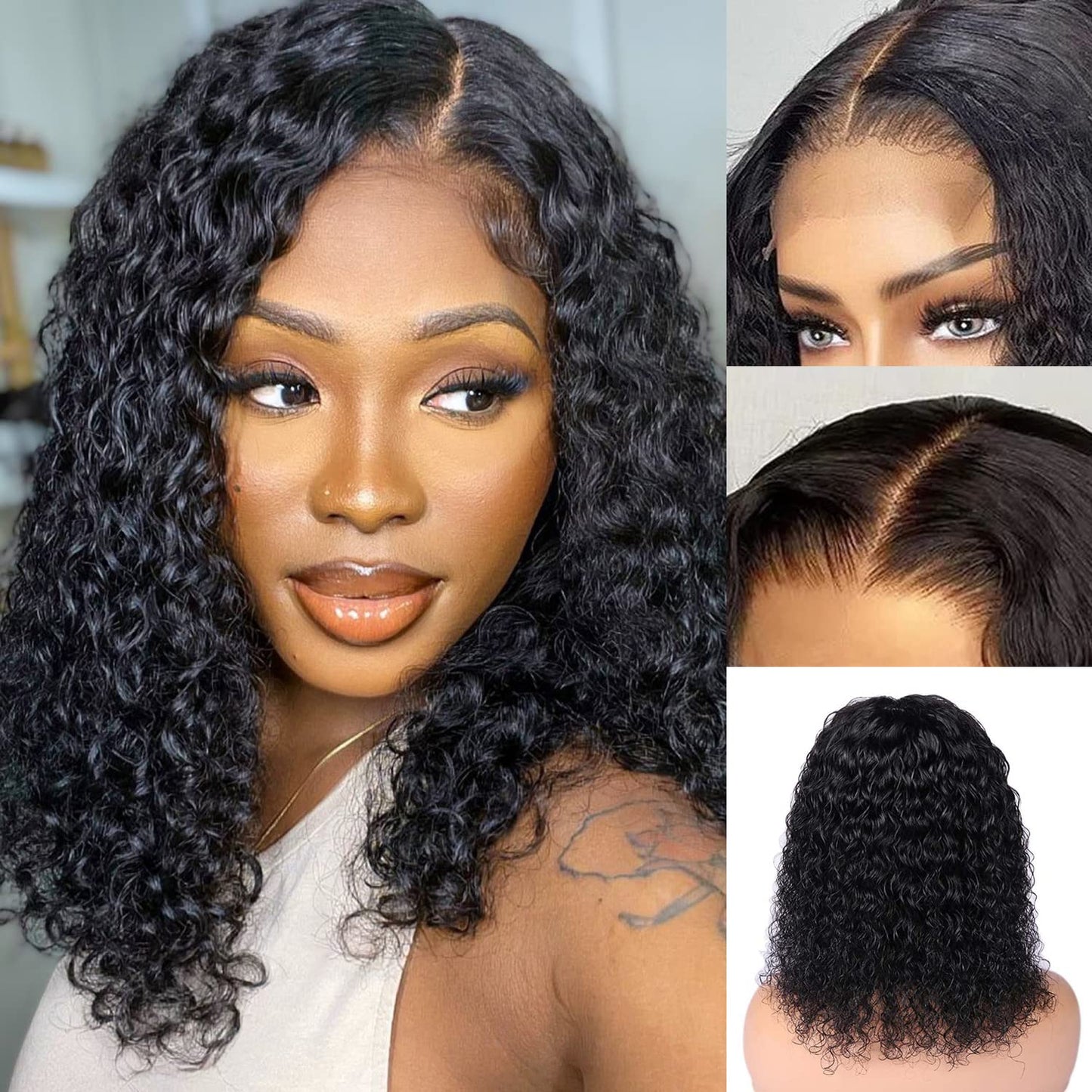 UMEGIRL Short Curly Lace Closure Bob Wigs Human Hair 150% Density Water Wig Wet and Wavy Wigs for Black Women 4x4 Curly Bob Wigs Human Hair Natural Color 16inch