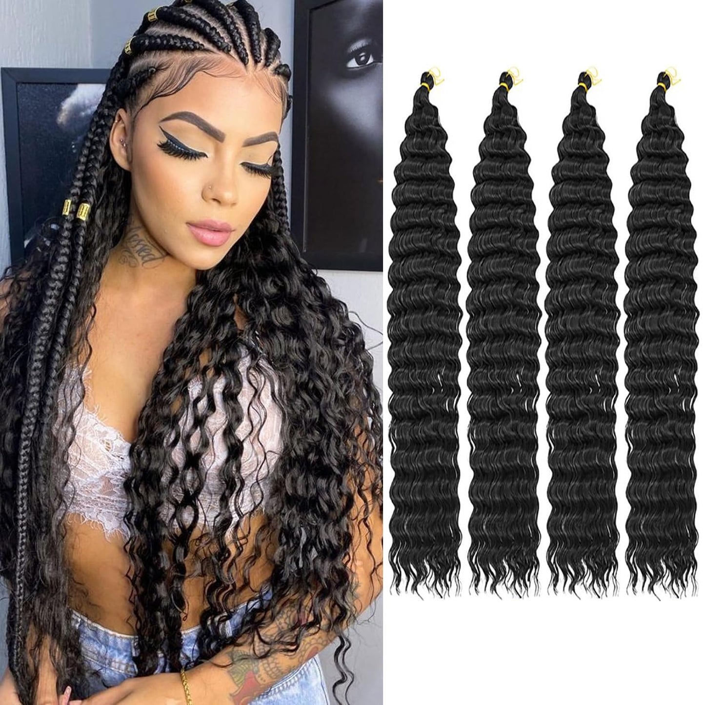 Ocean Wave Crochet Hair 30inch 4packs Deep Wave Crochet Hair Ocean Wave Braiding Hair Crochet Braids Synthetic Braids Wet and Wavy Braiding Hair For Black Women (#1B, 30inch,4packs)