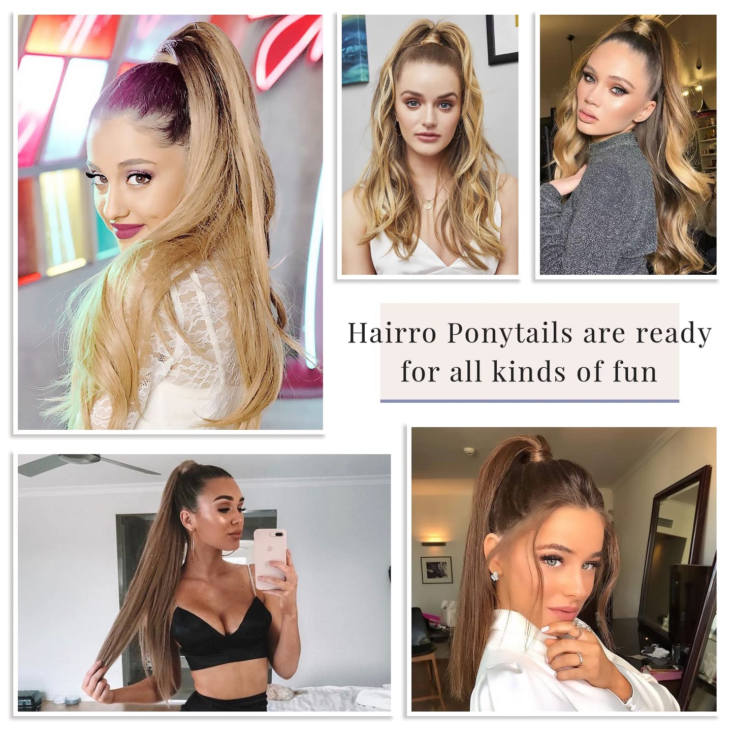 Hairro Ponytail Extensions 100% Human Hair 16 Inch Highlight Wrap up Ponytail Hairpieces for Women Golden Brown Mix Bleach Blonde Long Straight Magic Paste Pony Tail with Comb Balayage #12/613