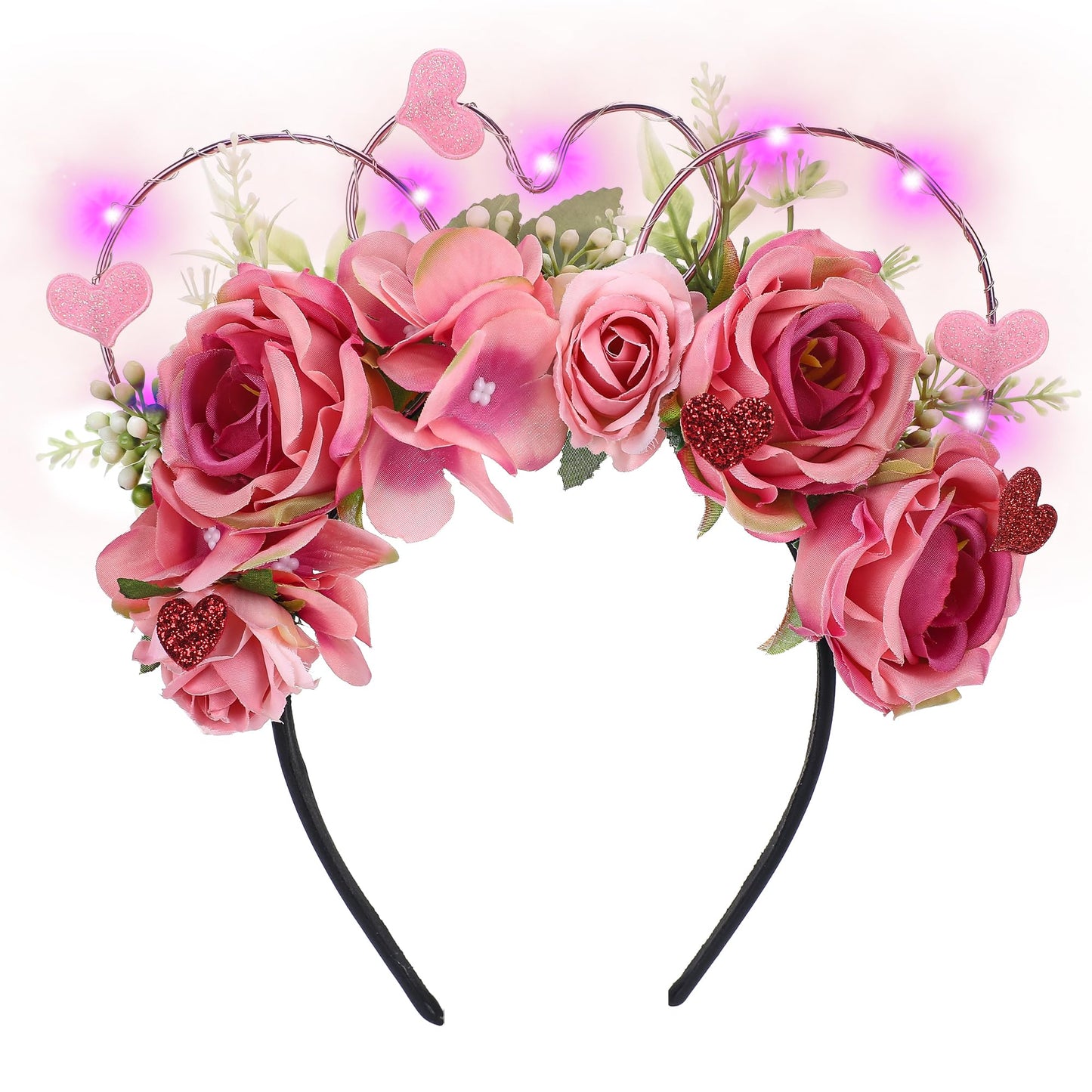 VISSTREE Valentines Day Light Headband - Floral Mouse Ears Headband Cute Pink Red Rose Handmade LED Light Up Theme Parks Flower Crown, Valentines Day Holiday Birthday Party Photography Gift for Her