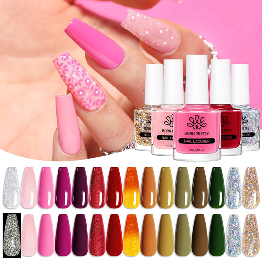 Born Pretty 15 Colors Nail Polish Set, 10ml Quick Dry Nail Polish Kit Pink Red Silver Gold Glitter Color Changing Orange Nail Lacquer Glossy Nail Polish for Beginner Manicure DIY Salon Home Ideal Gift