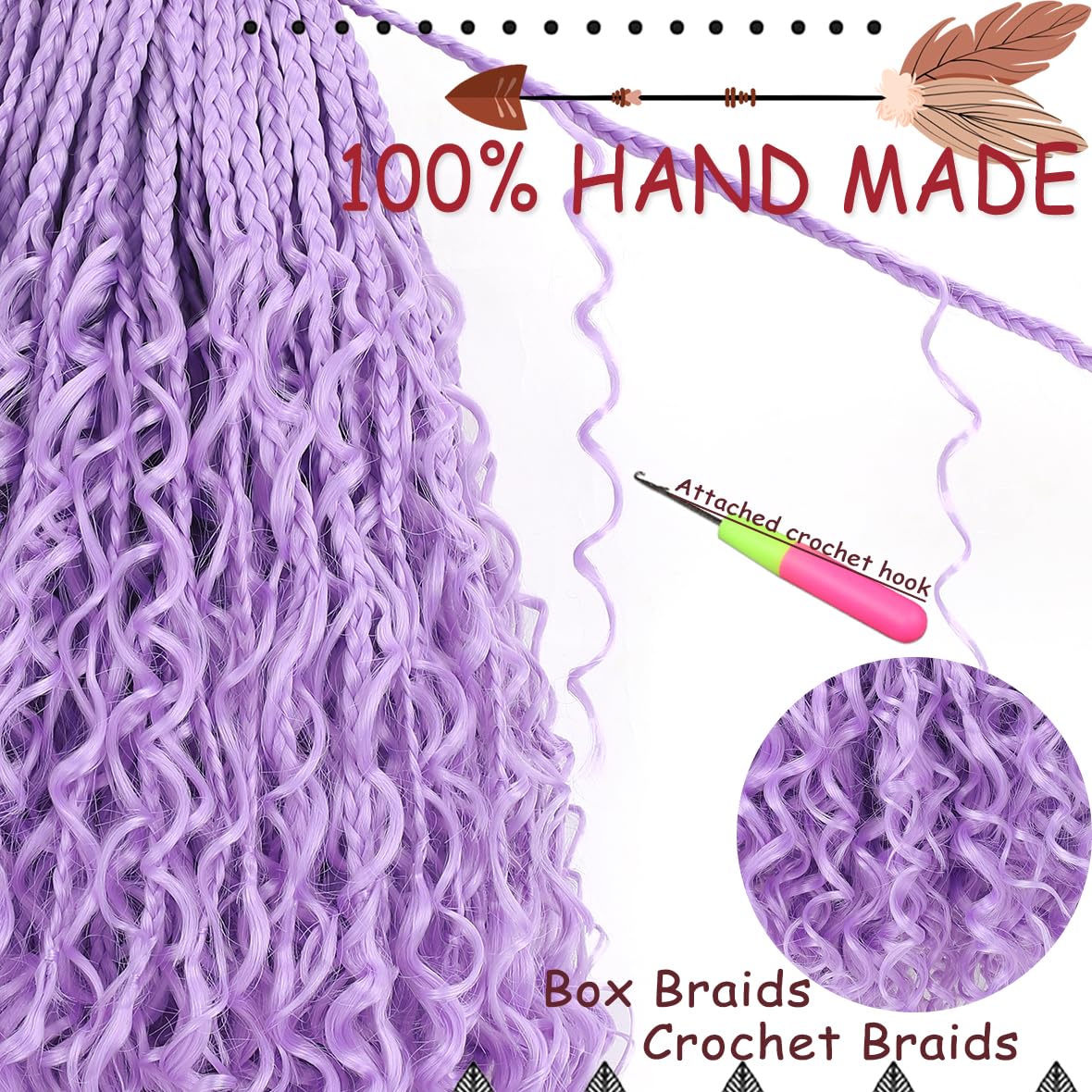 Beverlee 14 Inch Boho Box Braids 8 Packs Goddess Box Braids Crochet Hair Bohemian Hippie Braids Braiding Hair Box Braids with Curly Ends Messy Pre-looped Synthetic Crochet Hair for Women Light Purple#