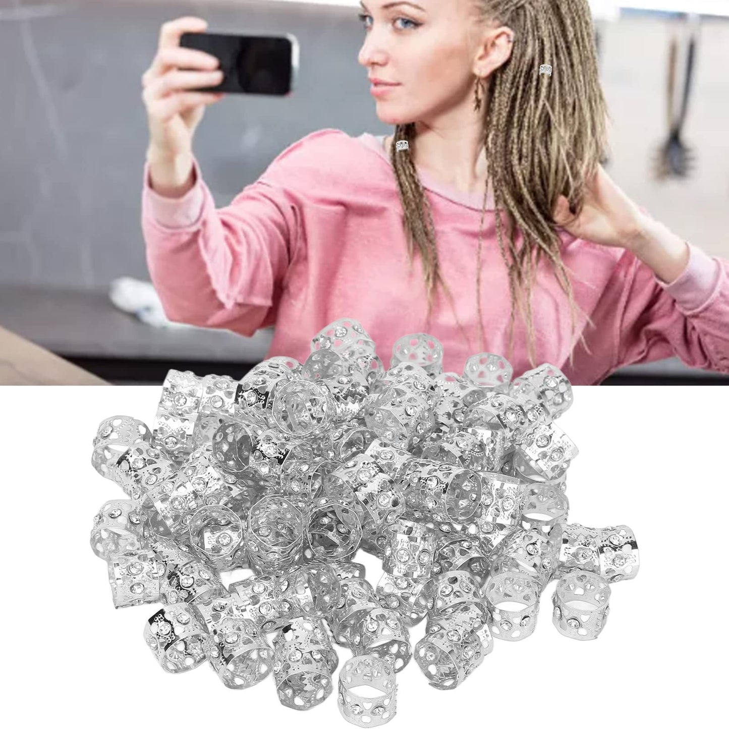 100Pcs Dreadlocks Beads, Sparkling Rhinestone Fashionable Hair Braiding Rings for Hair Decoration (Silver)